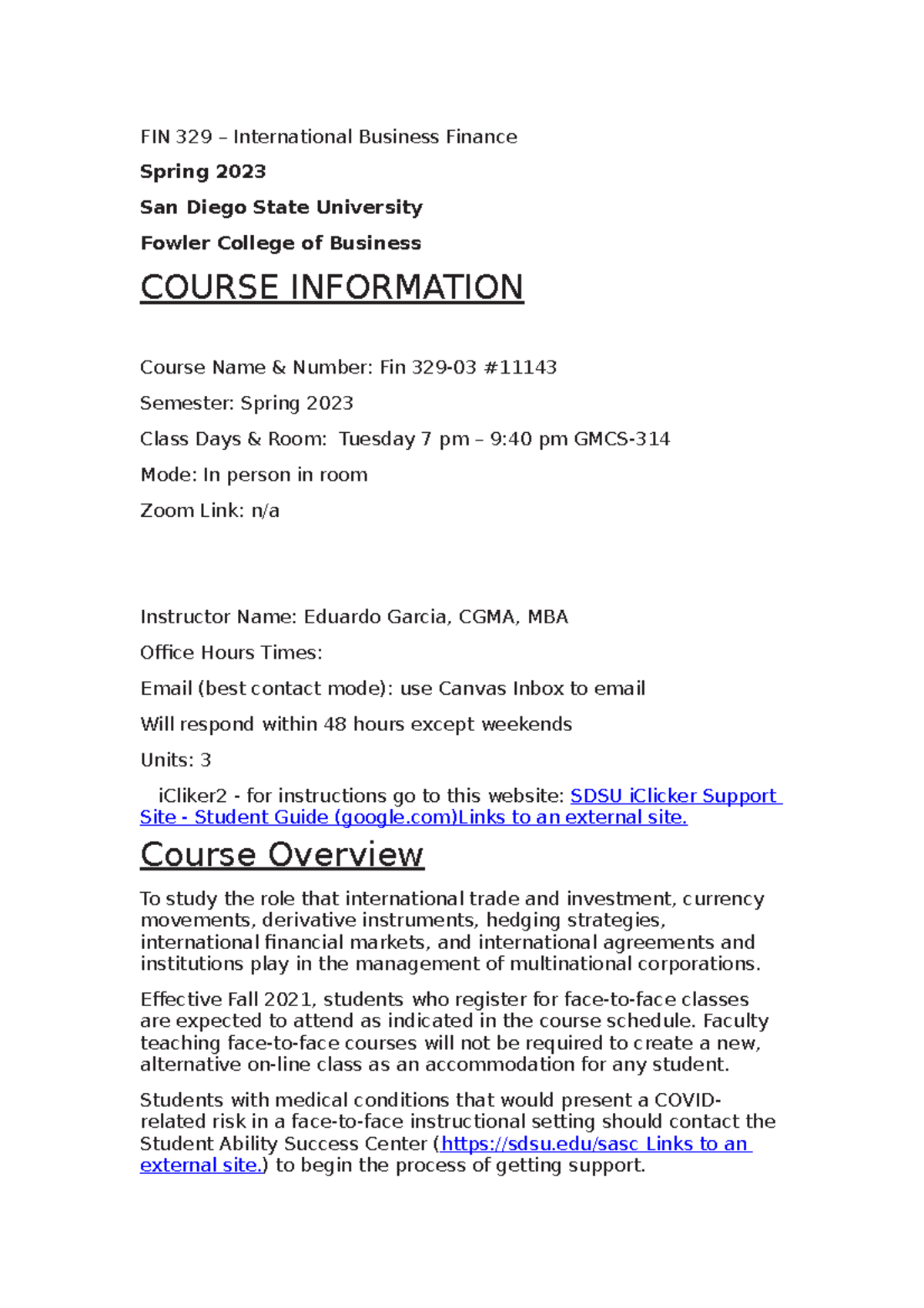 FIN 329 syllabus - FIN 329 – International Business Finance Spring 2023 ...