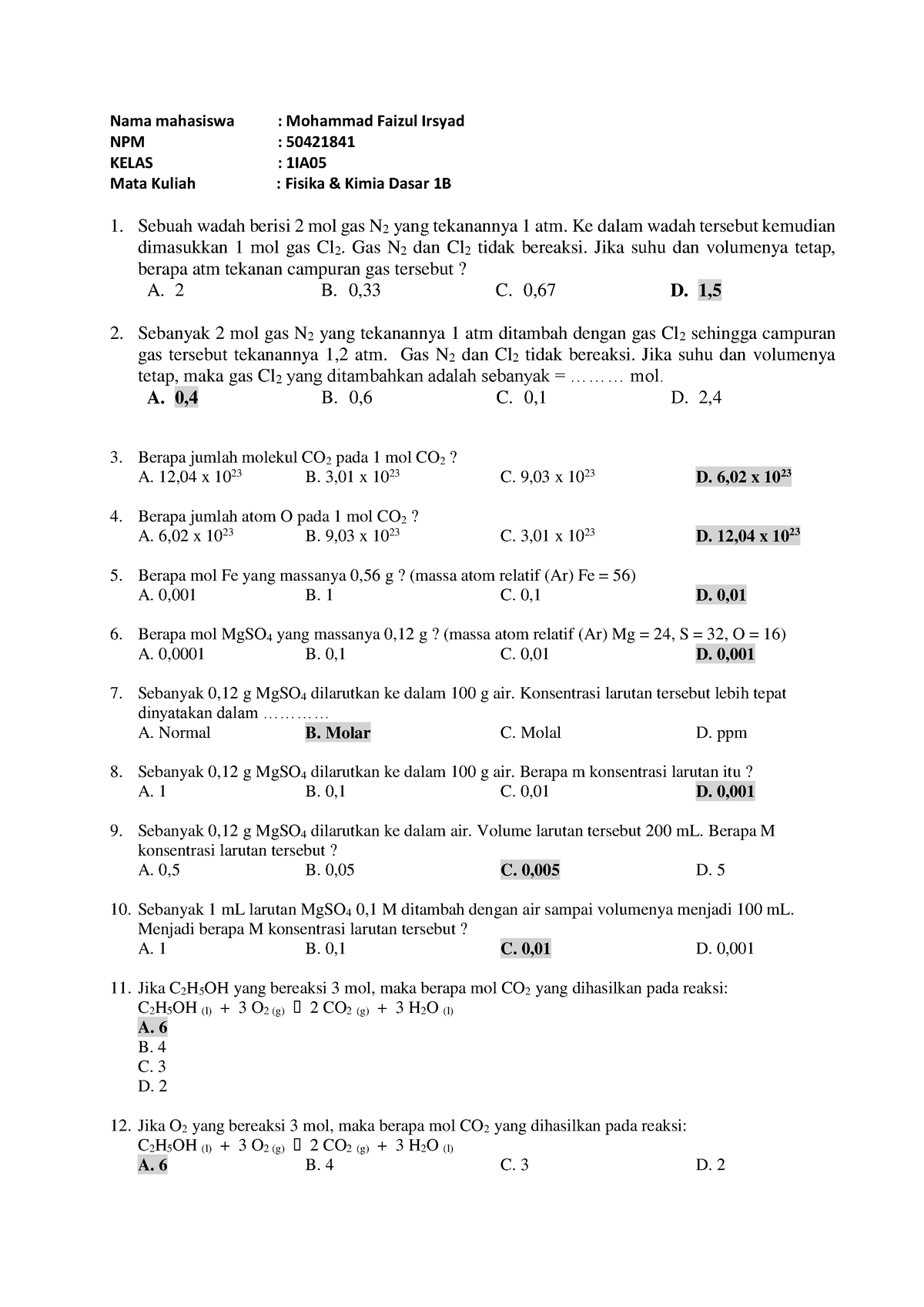 Kimia Dasar 1 Soal PG 3 Mfaizul 1IA05 - Nama Mahasiswa : Mohammad ...