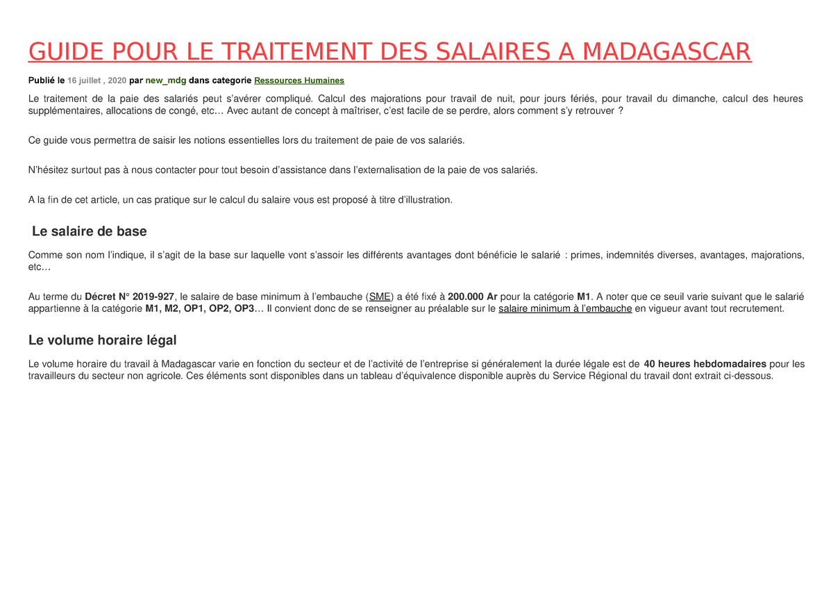 Guide Pour Le Traitement Des Salaires A Madagascar Studocu