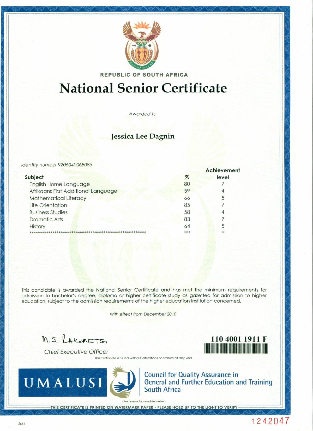 Jessica Matric Certificate - R E P U B L I C O F S O U T H A F R I C A ...