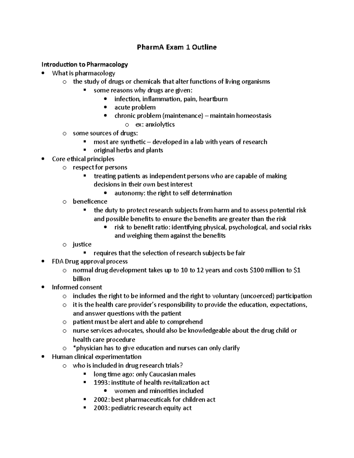 Pharm A Exam 1 Outline - PharmA Exam 1 Outline Introduction to ...