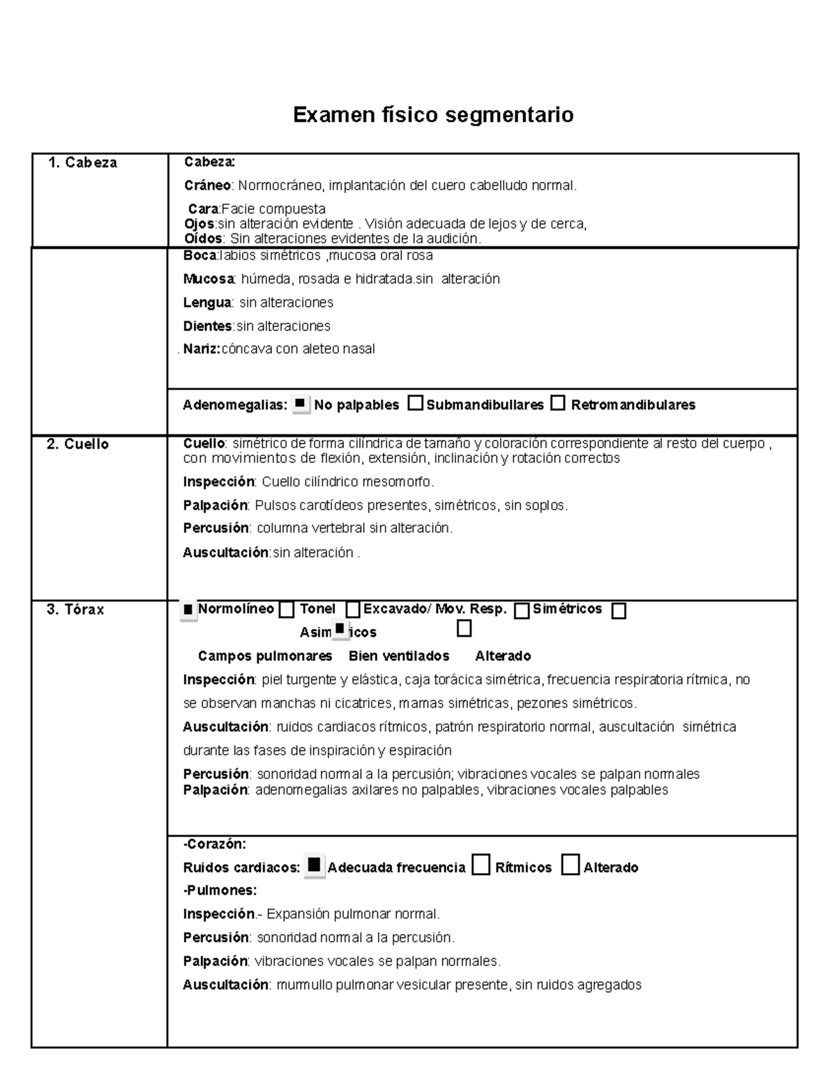 Examen Fisico Segmentario - Cabeza Cabeza: Cráneo: Normocráneo ...