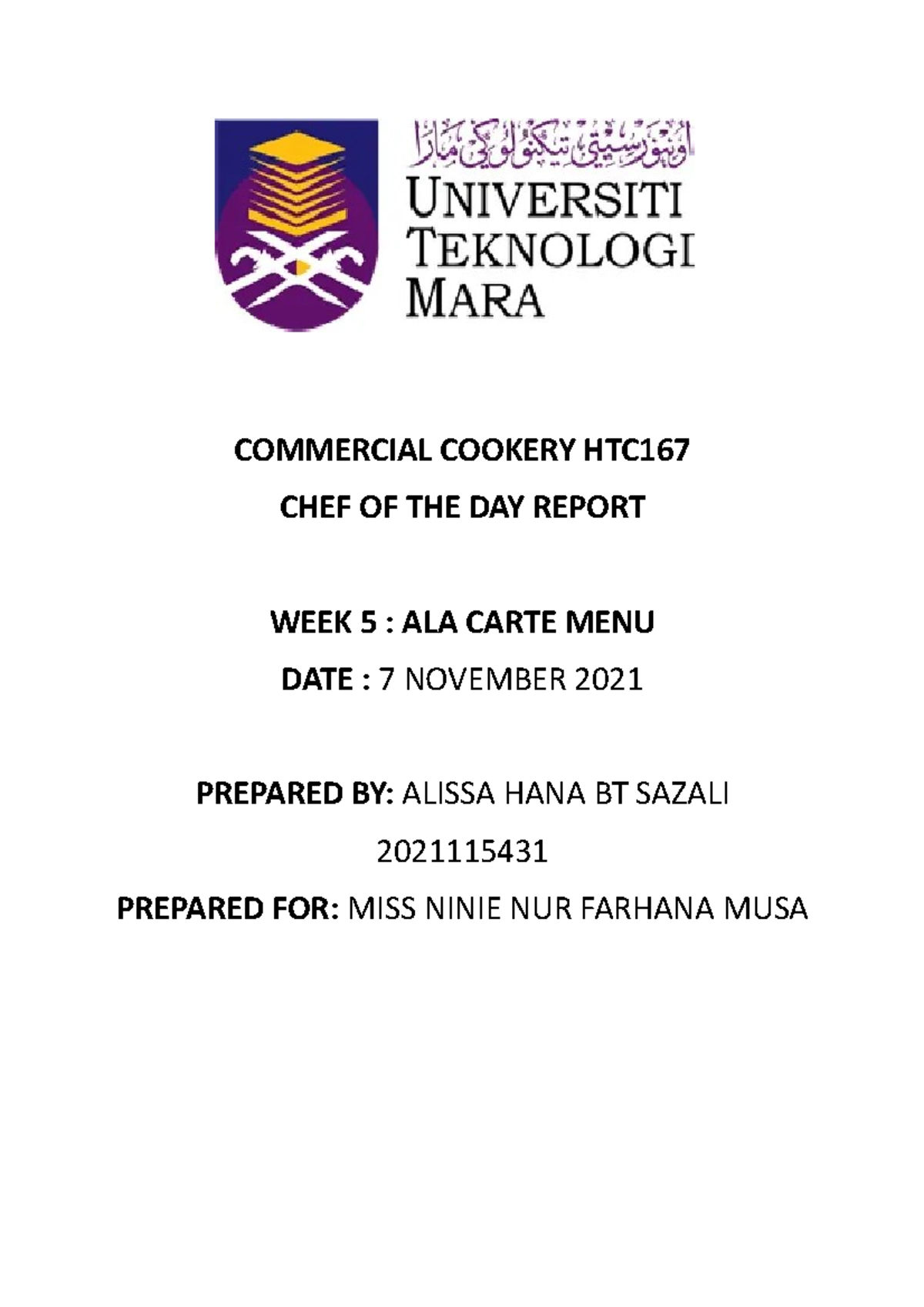 Commercial Cookery HTC167 - COMMERCIAL COOKERY HTC CHEF OF THE DAY ...