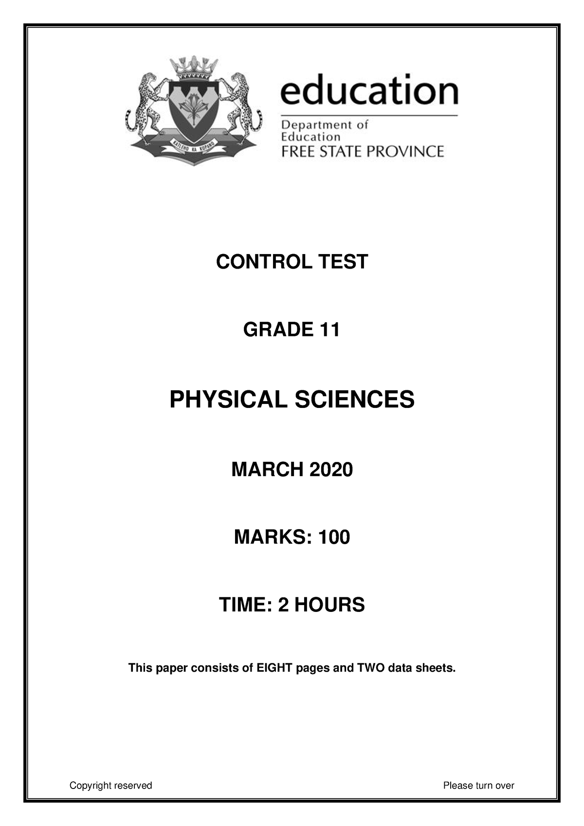 2020 FS Phy Sci Gr 11 Mar Con Test Eng - CONTROL TEST GRADE 11 PHYSICAL ...