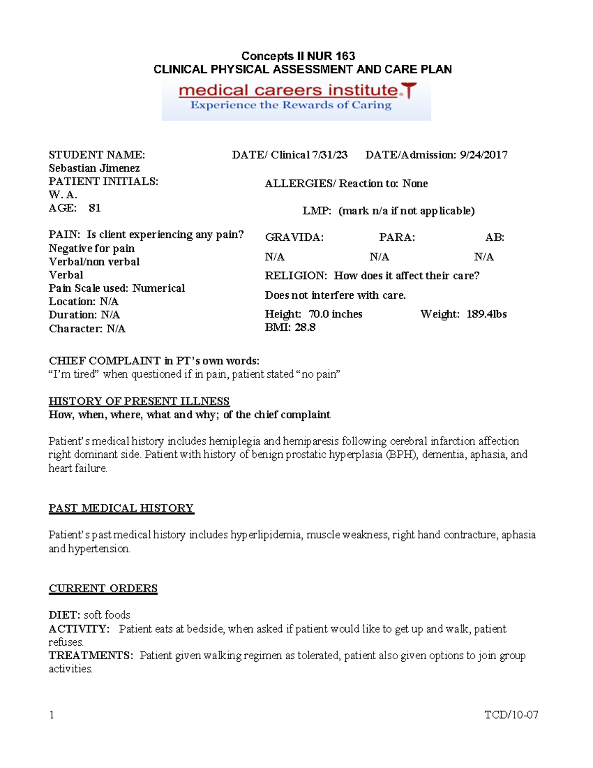 Careplan 1 168 - Concepts II NUR 163 CLINICAL PHYSICAL ASSESSMENT AND ...