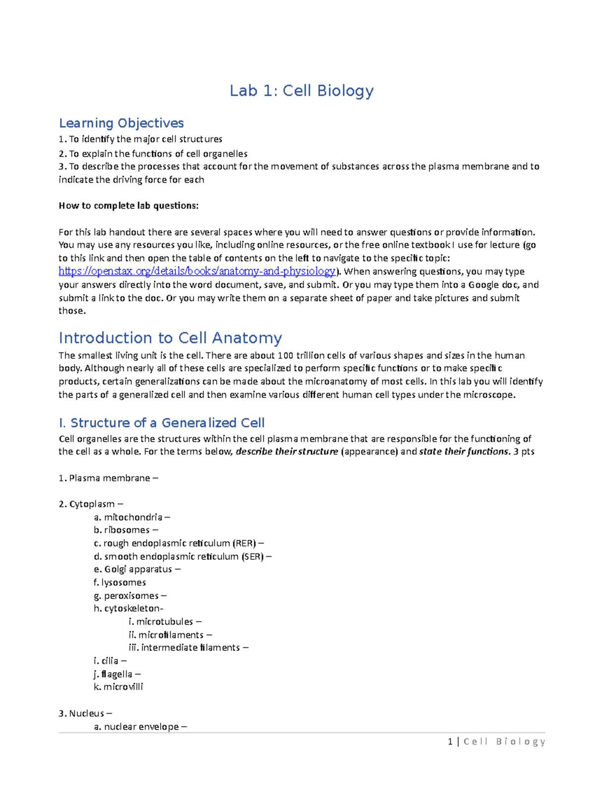 Lab 1 Cell biology - Lab - Lab 1: Cell Biology Learning Objectives To ...