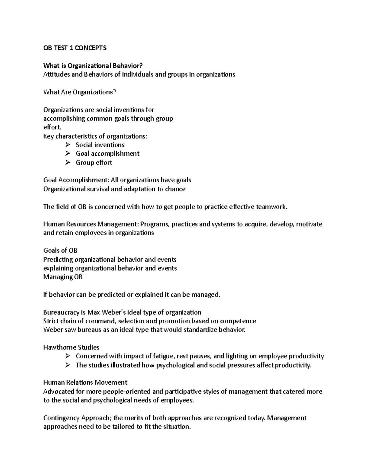 OB TEST 1 Concepts - Midterm Review of Course - OB TEST 1 CONCEPTS What ...