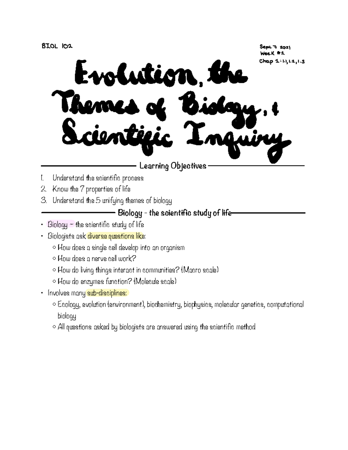 Week 1 - BIOL 102 Evolution, The Themes Of Biology, And Scientific ...