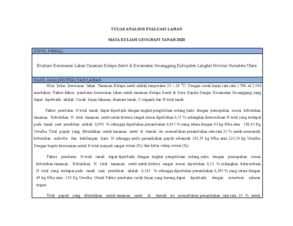 Tugas Evaluasi Kesesuaian Lahan Tanaman Kelapa Sawit - TUGAS ANALISIS ...