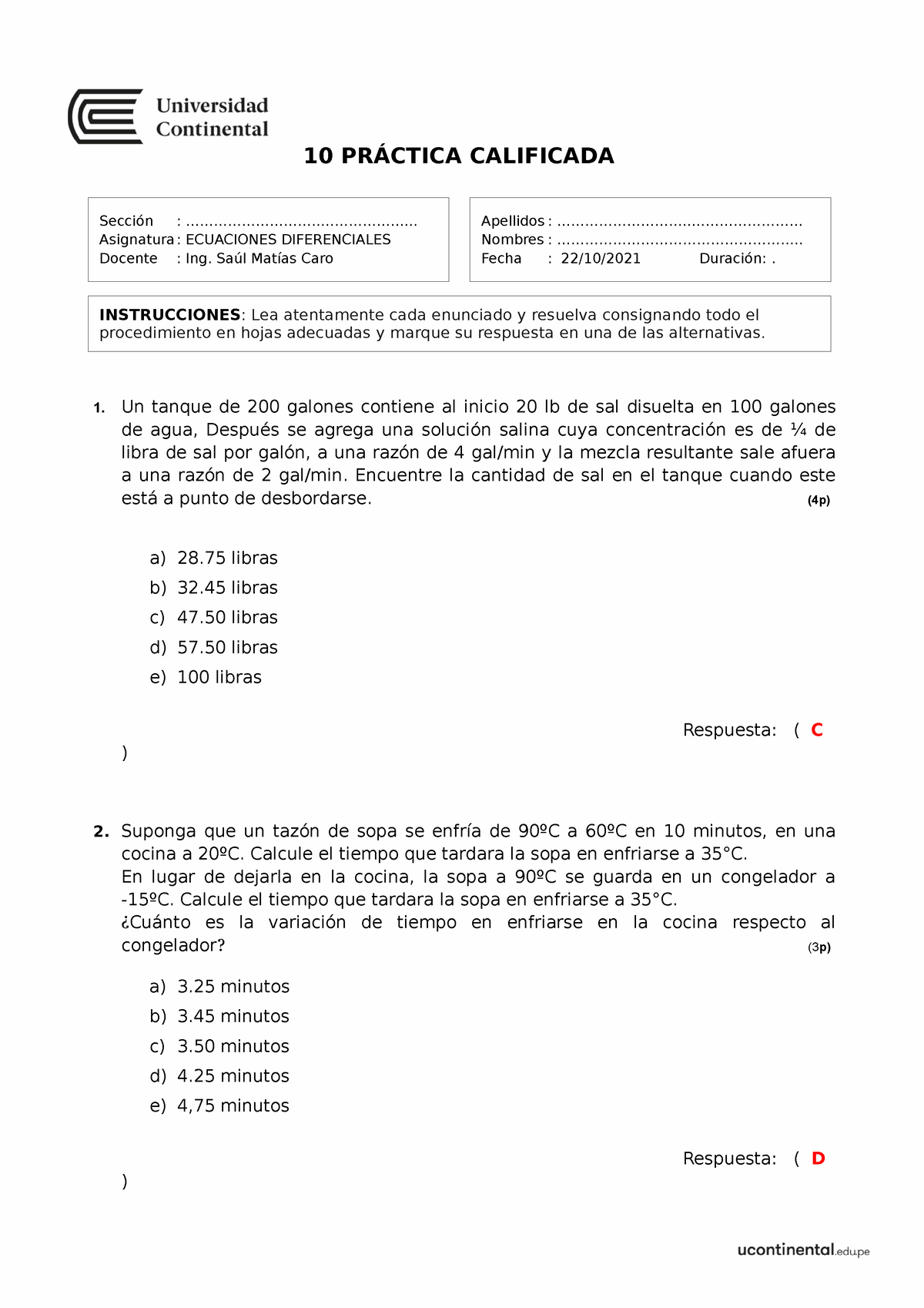 10 Practica Calificada 10 PrÁctica Calificada Un Tanque De 200 Galones Contiene Al Inicio 20 5185