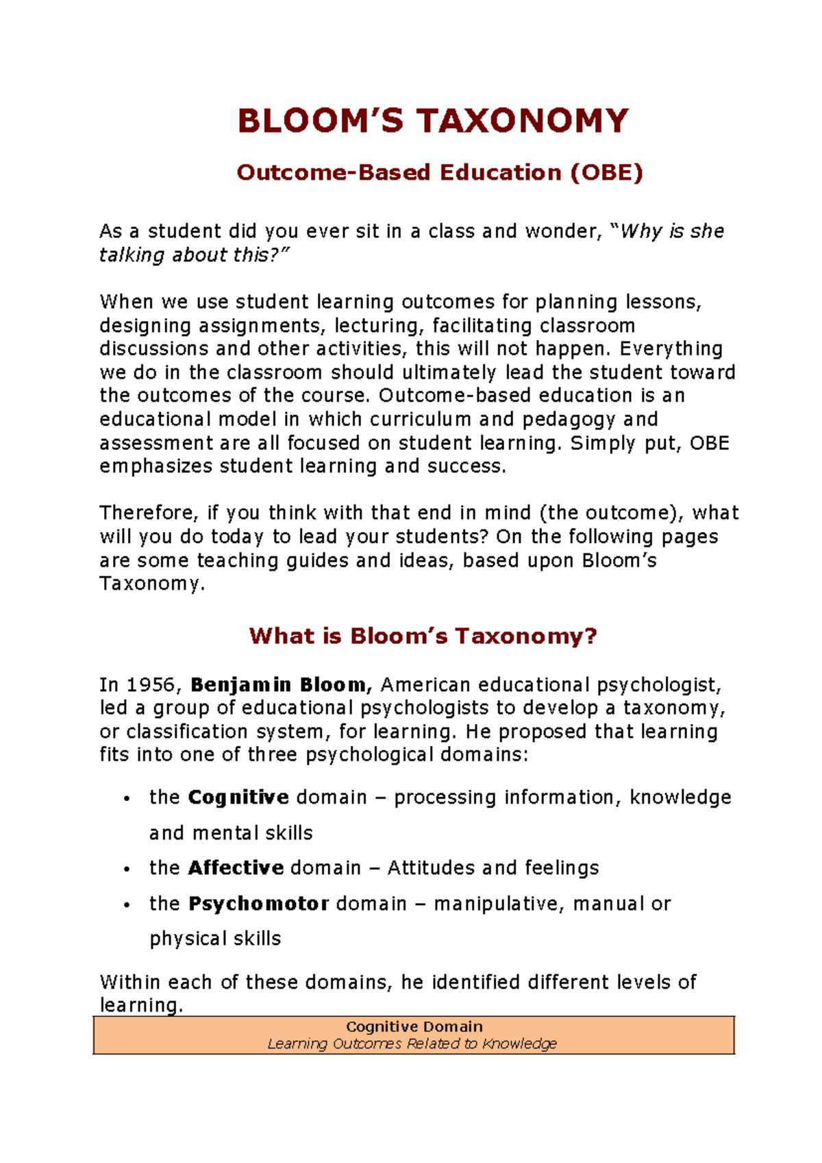 Bloom Taxonomy of Learning Objectives - BLOOM’S TAXONOMY Outcome-Based ...