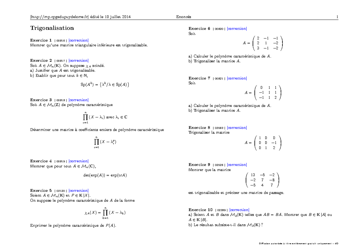 Alg3 Cours 3 - [mp.cpgedupuydelome] édité le 10 juillet 2014 Enoncés 1 ...