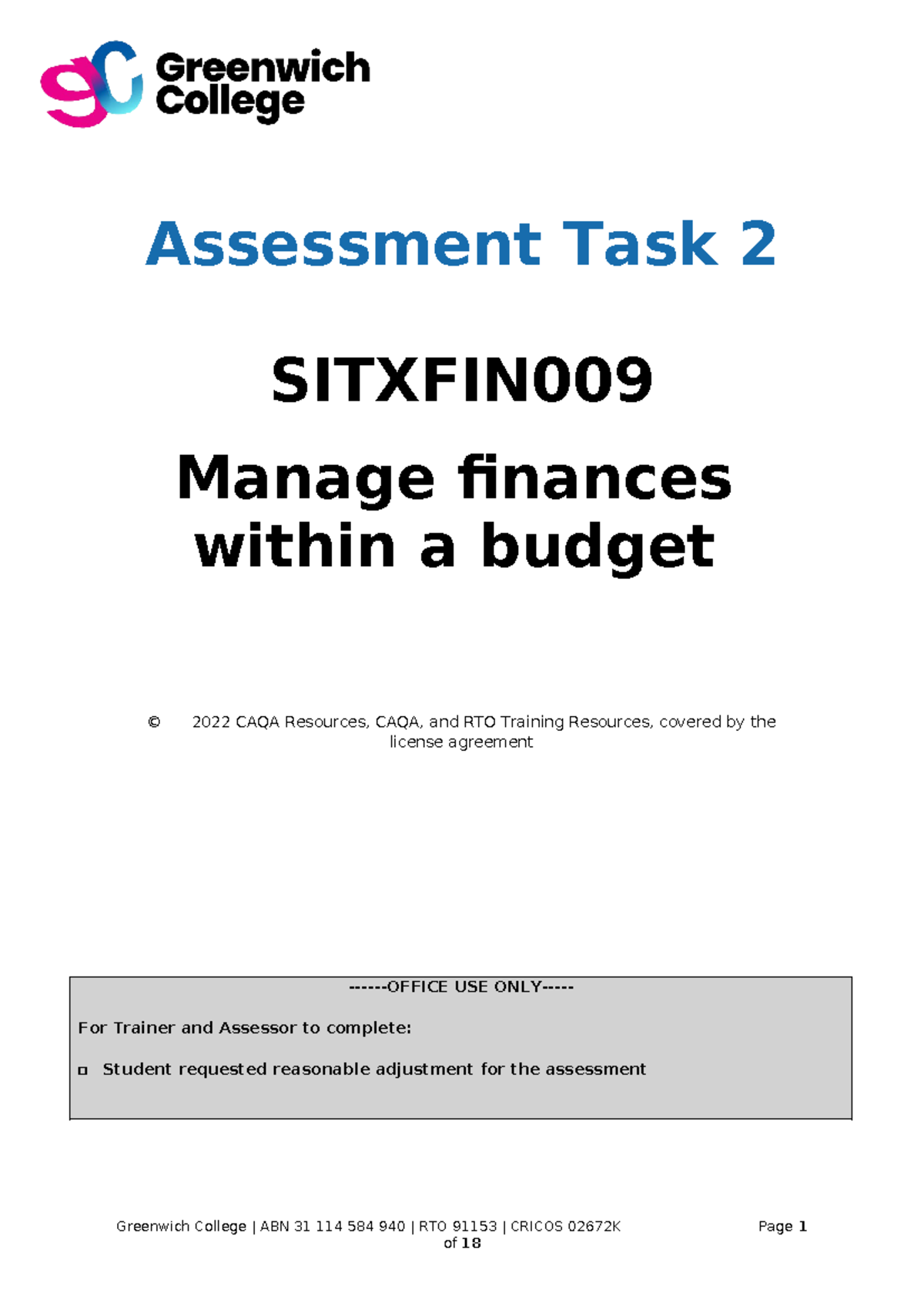 Sitxfin 009 Assessment Task 2 V.1 - Assessment Task 2 SITXFIN Manage ...