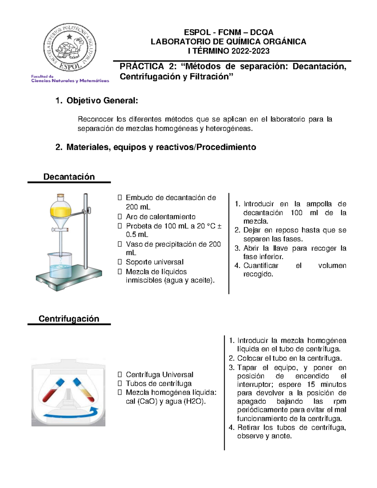 LQOI P2. Métodos De Separación - ESPOL - FCNM – DCQA LABORATORIO DE ...