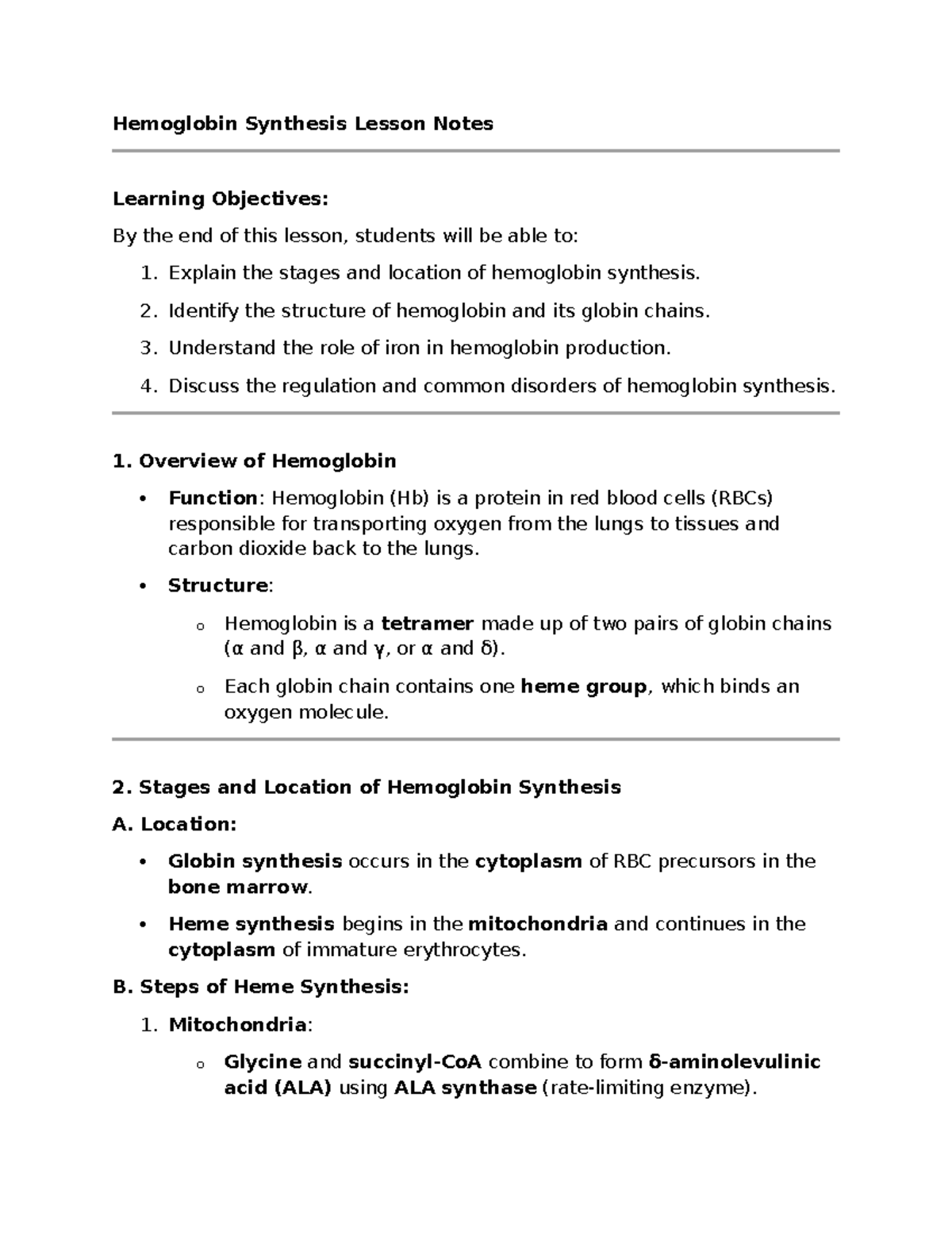 Hemoglobin Synthesis Lesson Notes - Hemoglobin Synthesis Lesson Notes ...