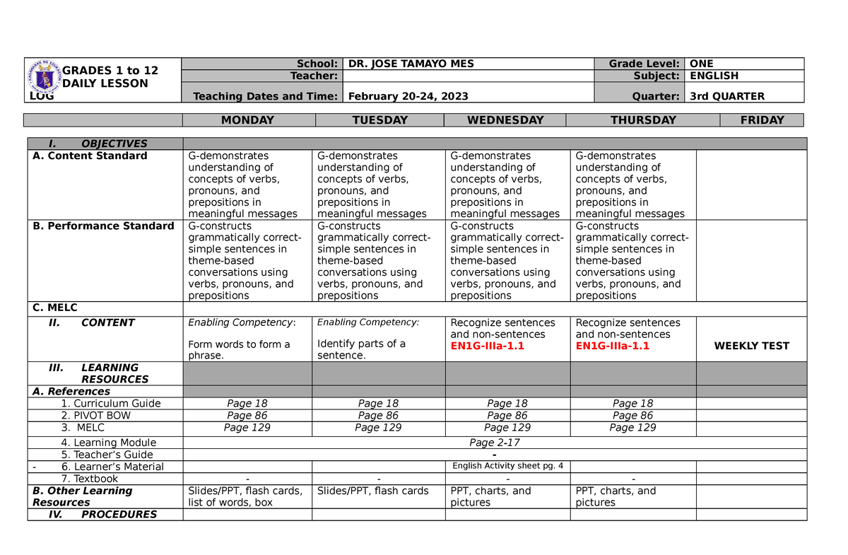 English 1-Week 2-Q3 - Sample DLL - GRADES 1 To 12 DAILY LESSON LOG ...