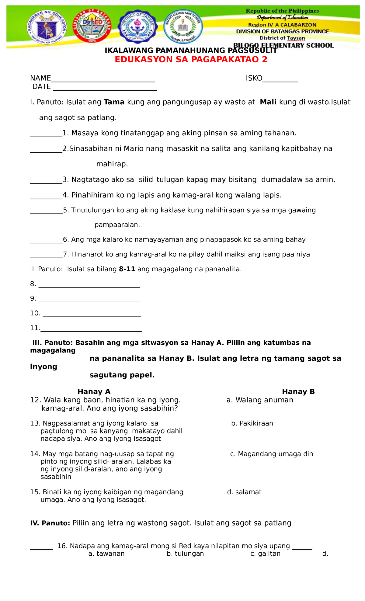 PT ESP 2 Q2 - Use By The Students - IKALAWANG PAMANAHUNANG PAGSUSULIT ...