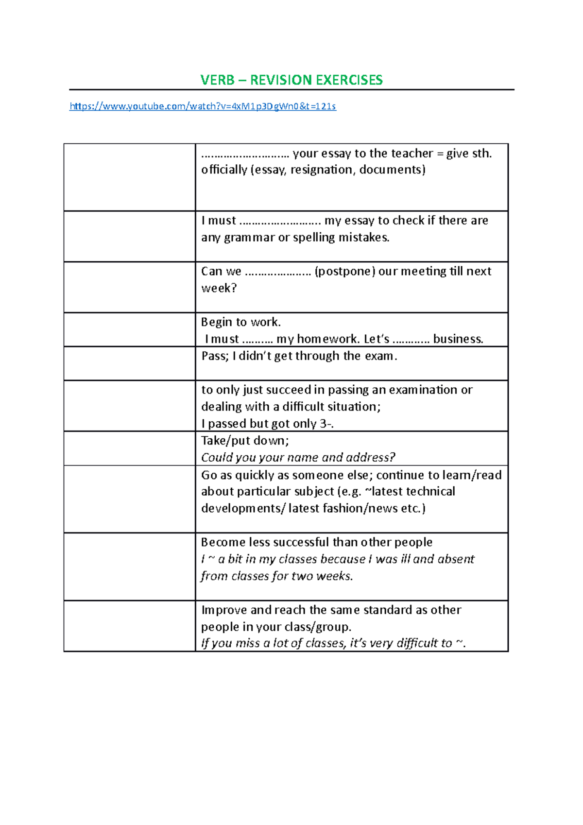 VERB Revision materials VERB REVISION EXERCISES youtube/watch?v