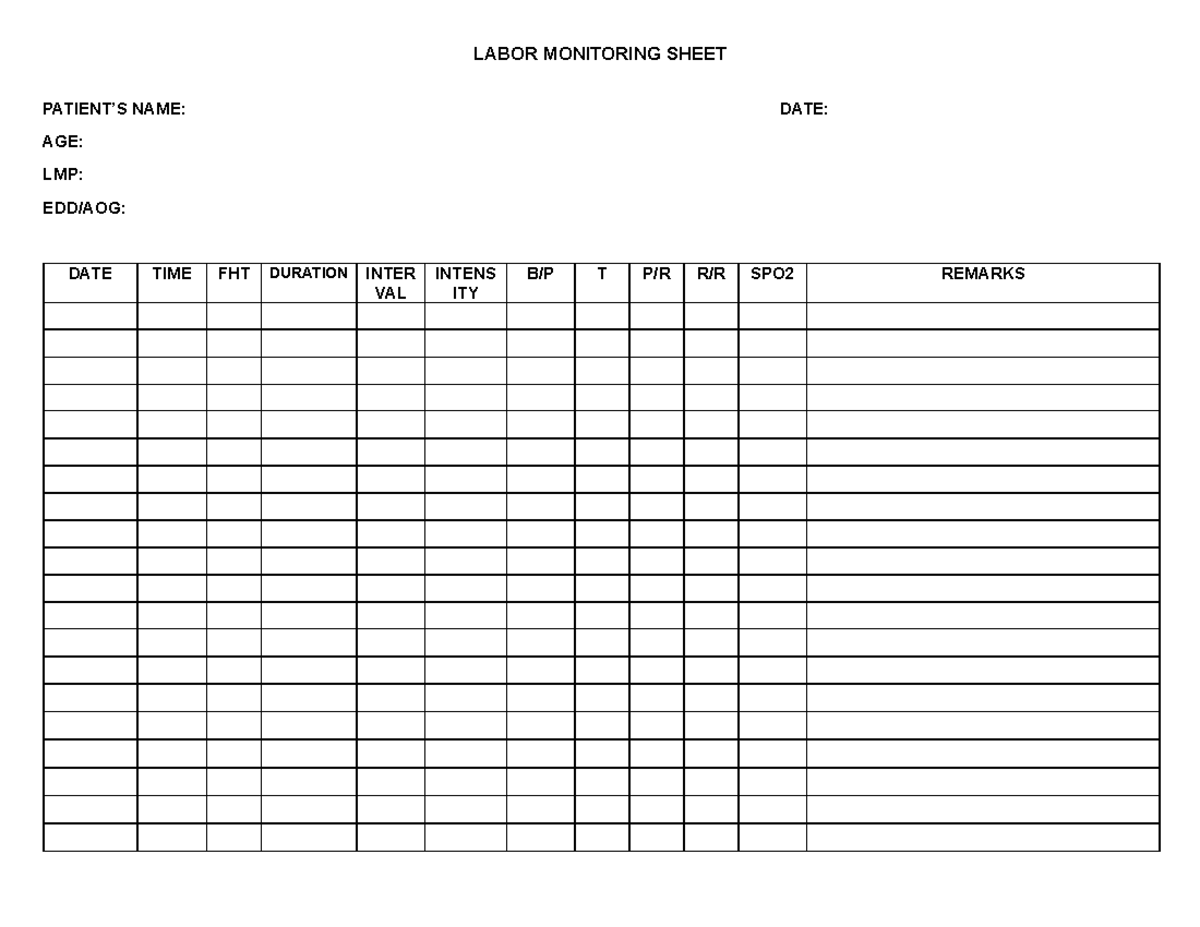 Labor Monitoring Sheets Front AND BACK Landscape small - Bachelor of ...