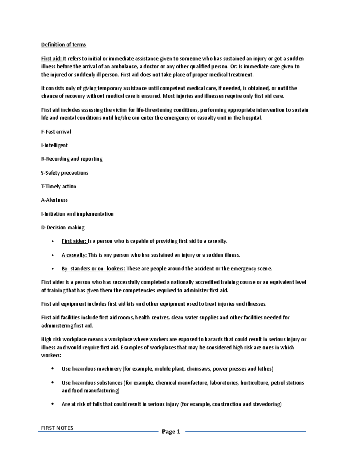 First AID Notes 2022 Definition of terms First aid It refers to initial or immediate