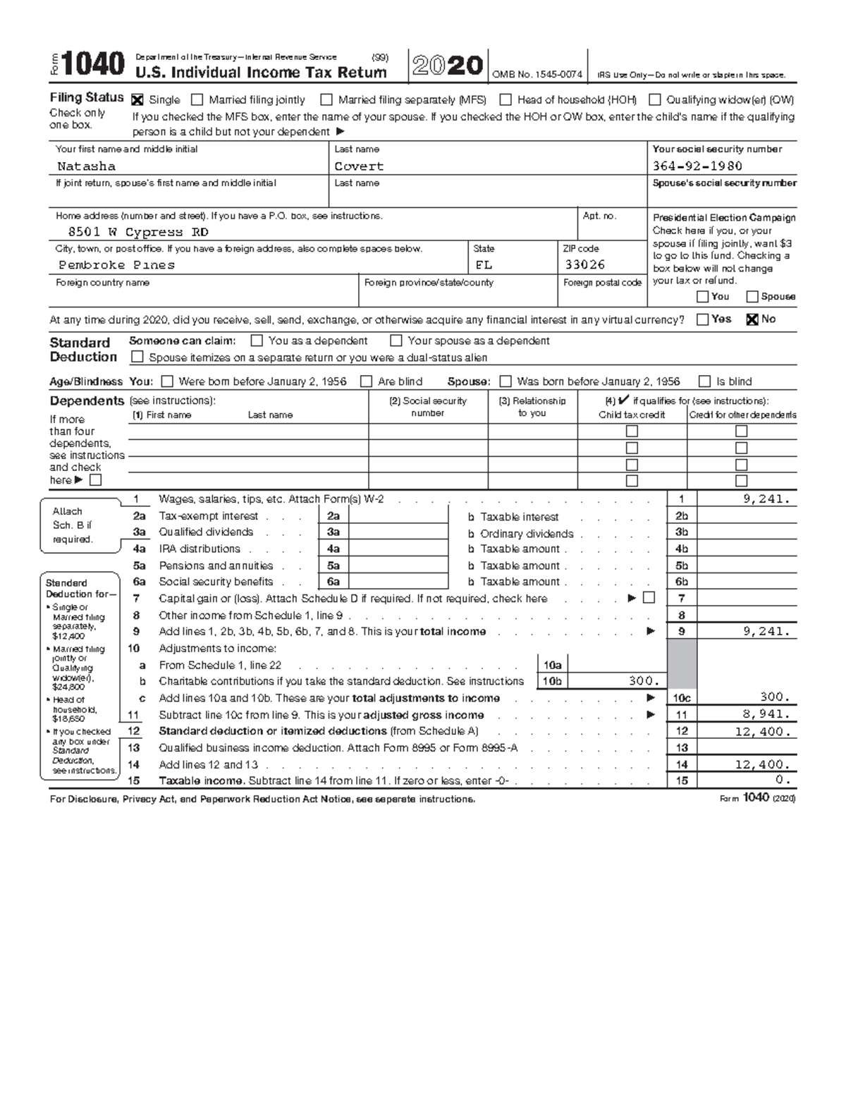 2020 Tax Return Natasha copy Form 1040 U. Individual Tax