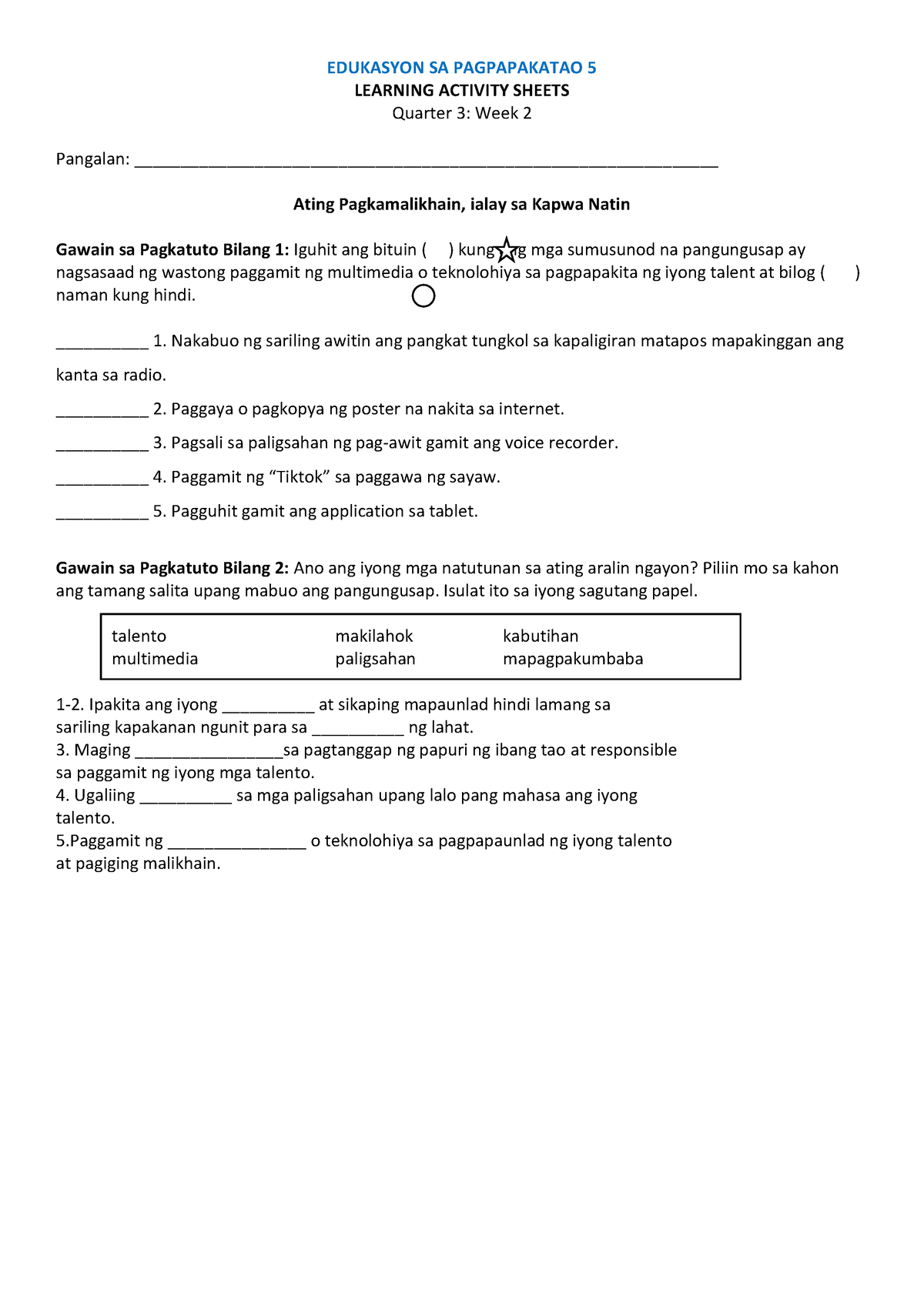 ESP 5 Q3 W2 LAS - Quarter 3 Learning Activity Sheet - EDUKASYON SA ...