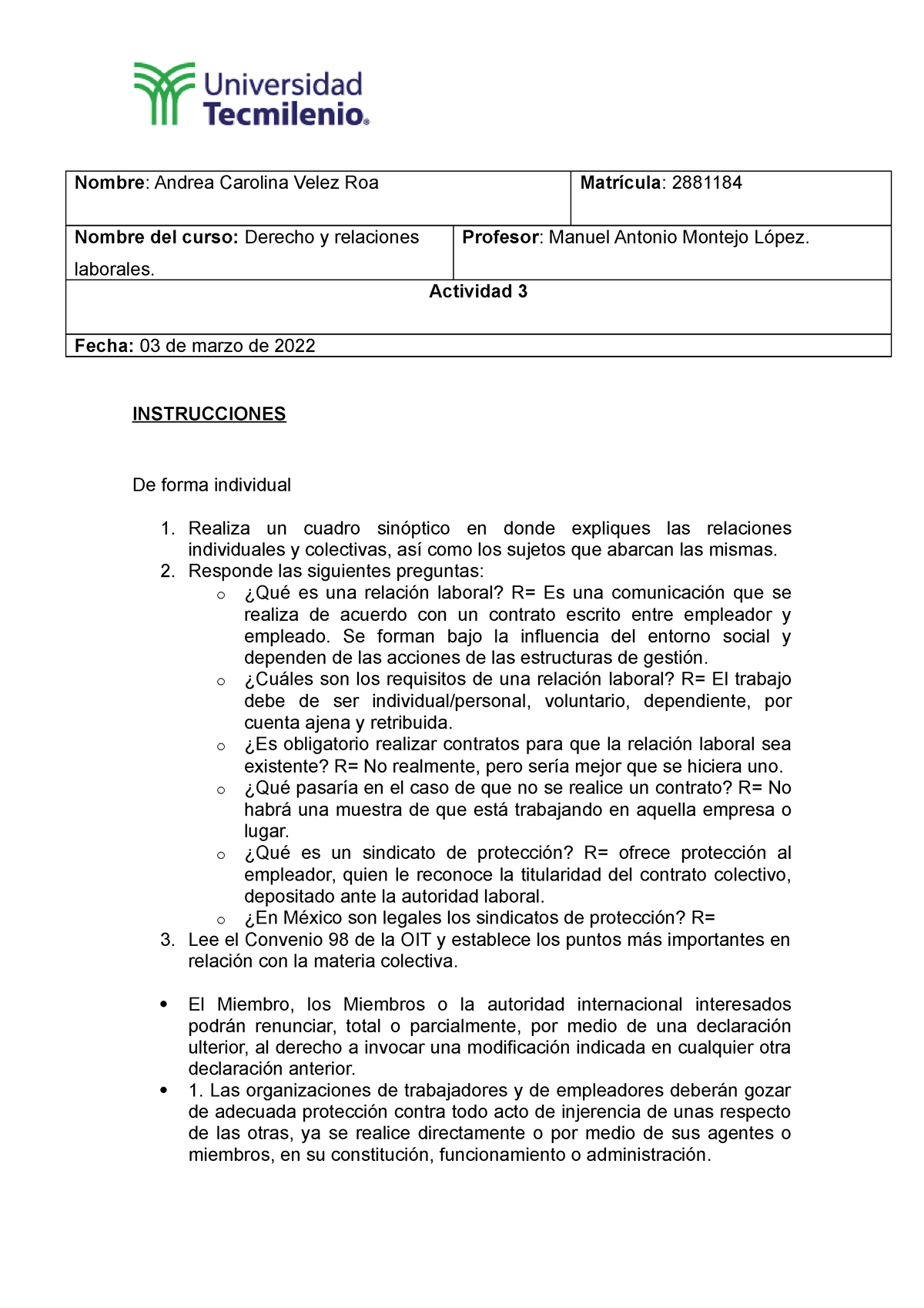 Derecho y relaciones laborales Actividad 3 Tecmilenio - Nombre : Andrea ...