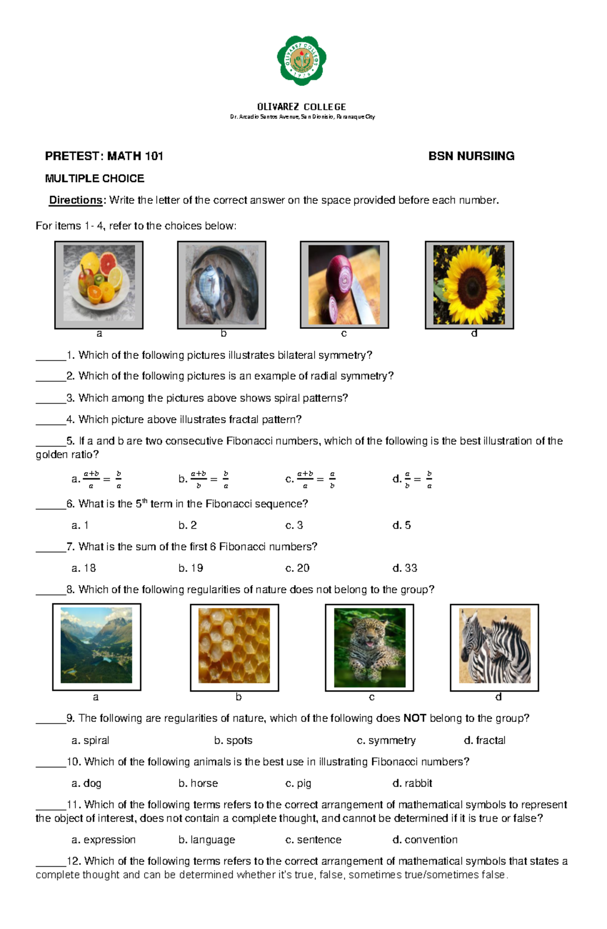 MATH 101 Pretest BSN 1 - study well - PRETEST: MATH 101 BSN NURSIING ...