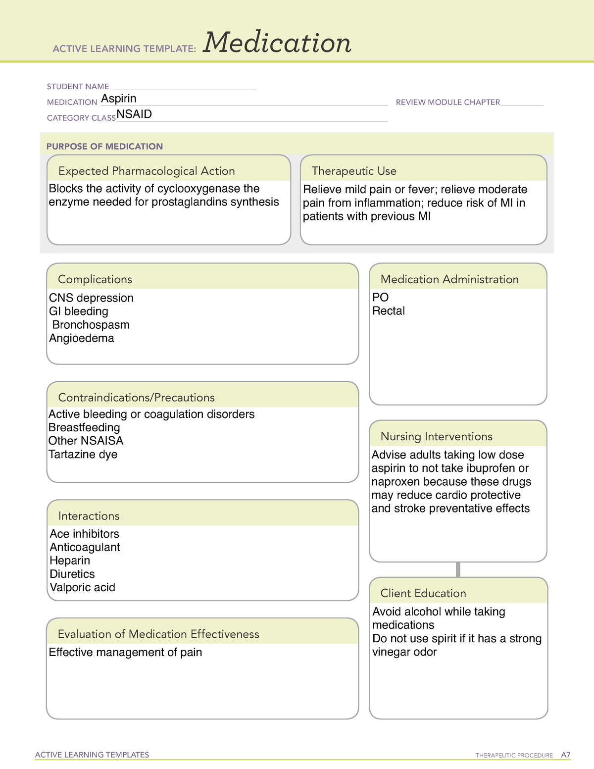 Aspirin Medication template ACTIVE LEARNING TEMPLATES THERAPEUTIC