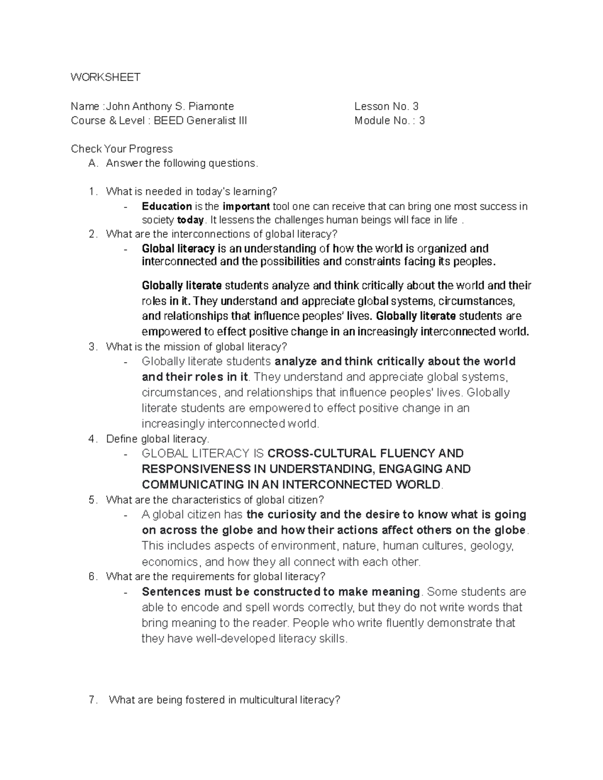 EDUC 307 Final Module - WORKSHEET Name :John Anthony S. Piamonte Lesson ...