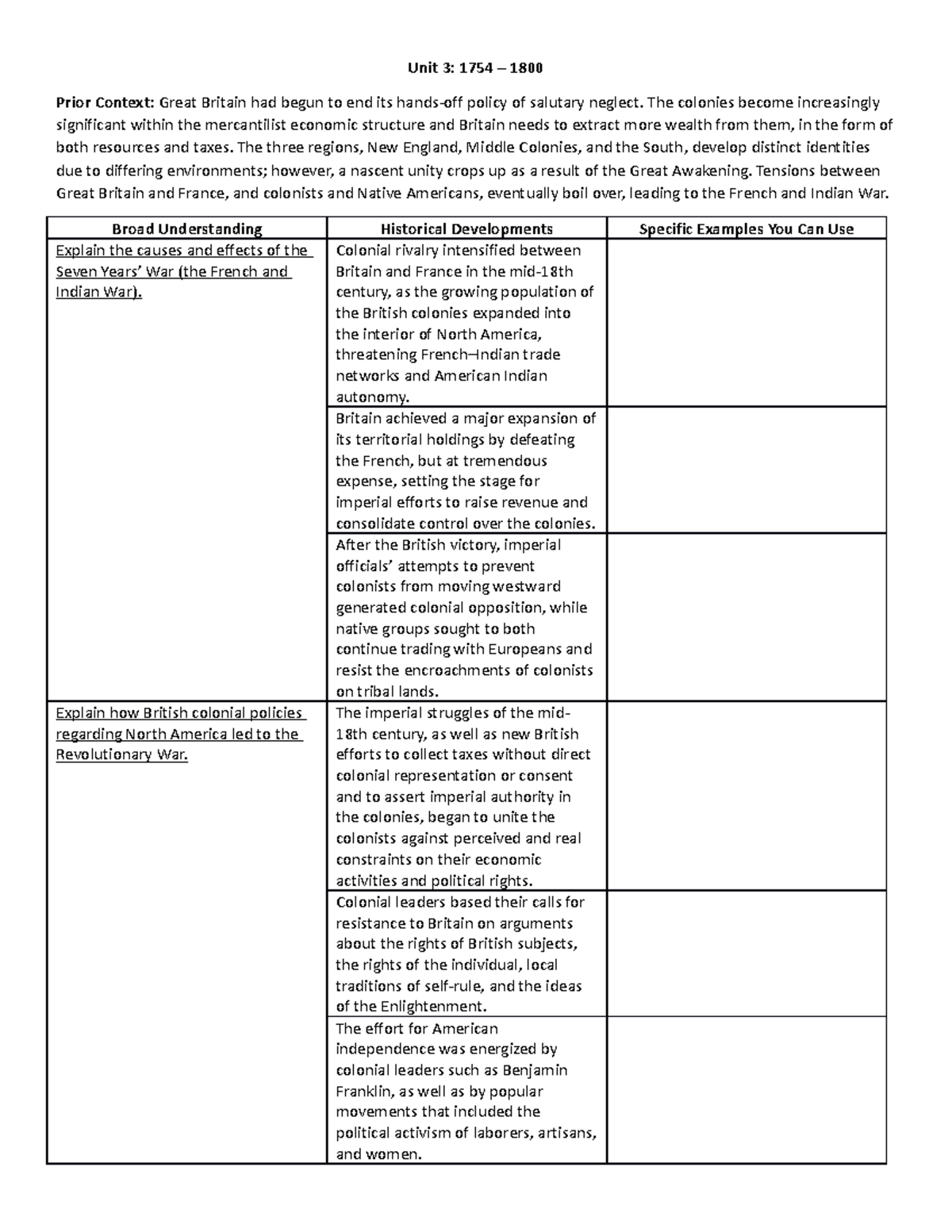 Unit+3+Study+Guide - Unit 3 study guide - Unit 3: 1754 – 1800 Prior ...