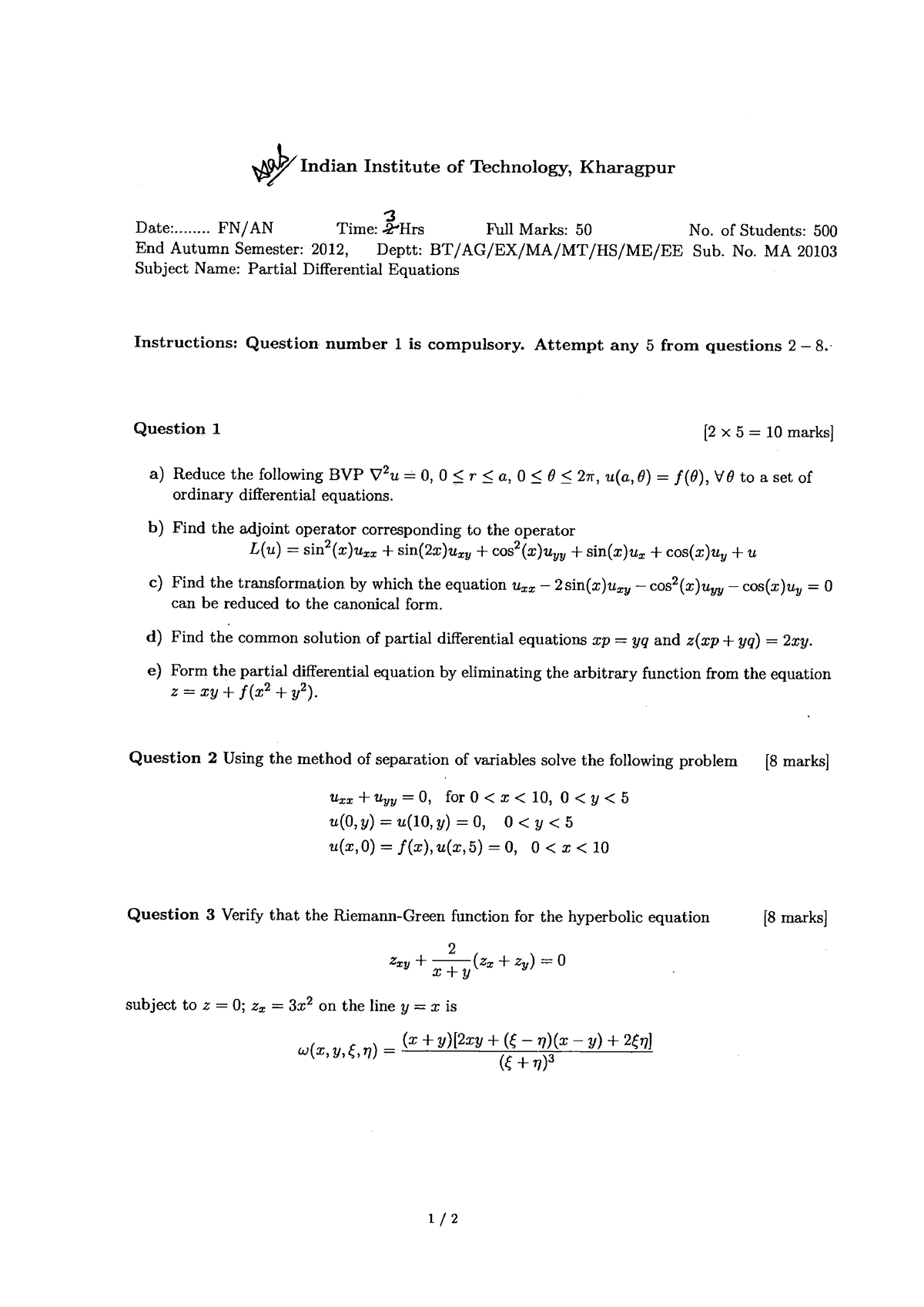 Partial Differential Equations Indian Institute Of Technology Kharagpur Date Studocu