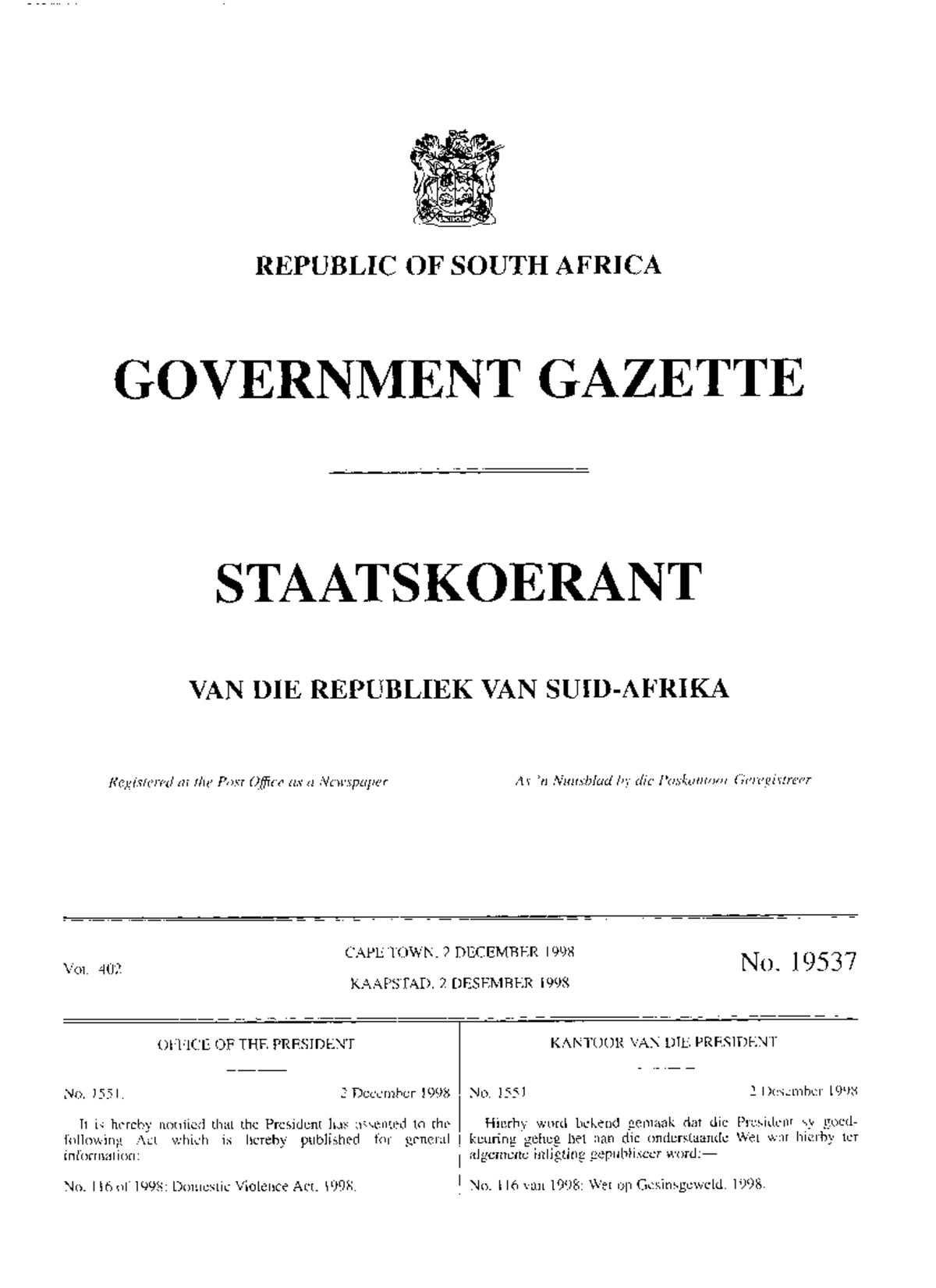 Domestic violence act 1998 - REPUBLIC OF SOUTH AFRICA GOVERNMENT ...