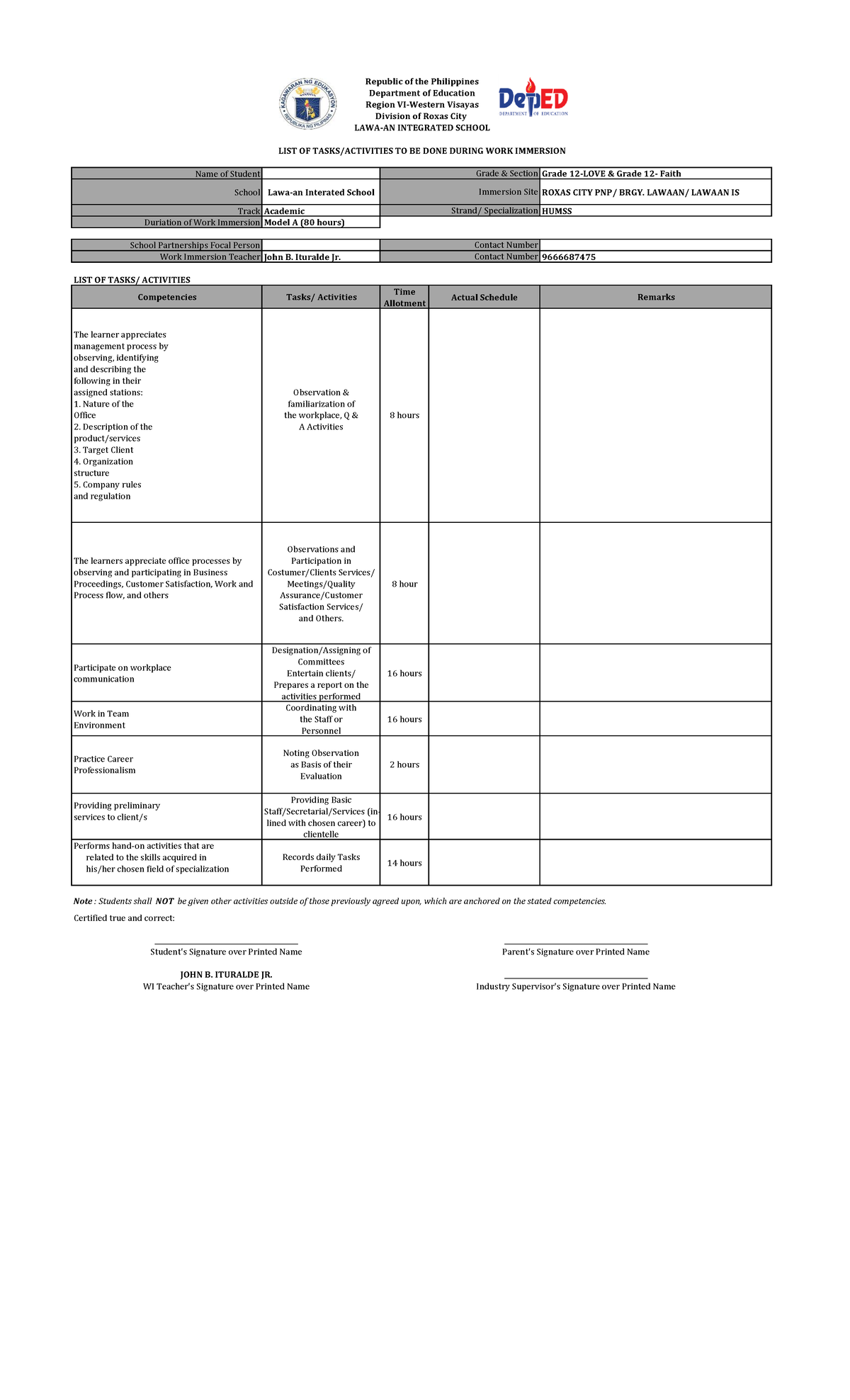 Immersion Training Plan Template Hk Stem - Name Of Student Grade 12 