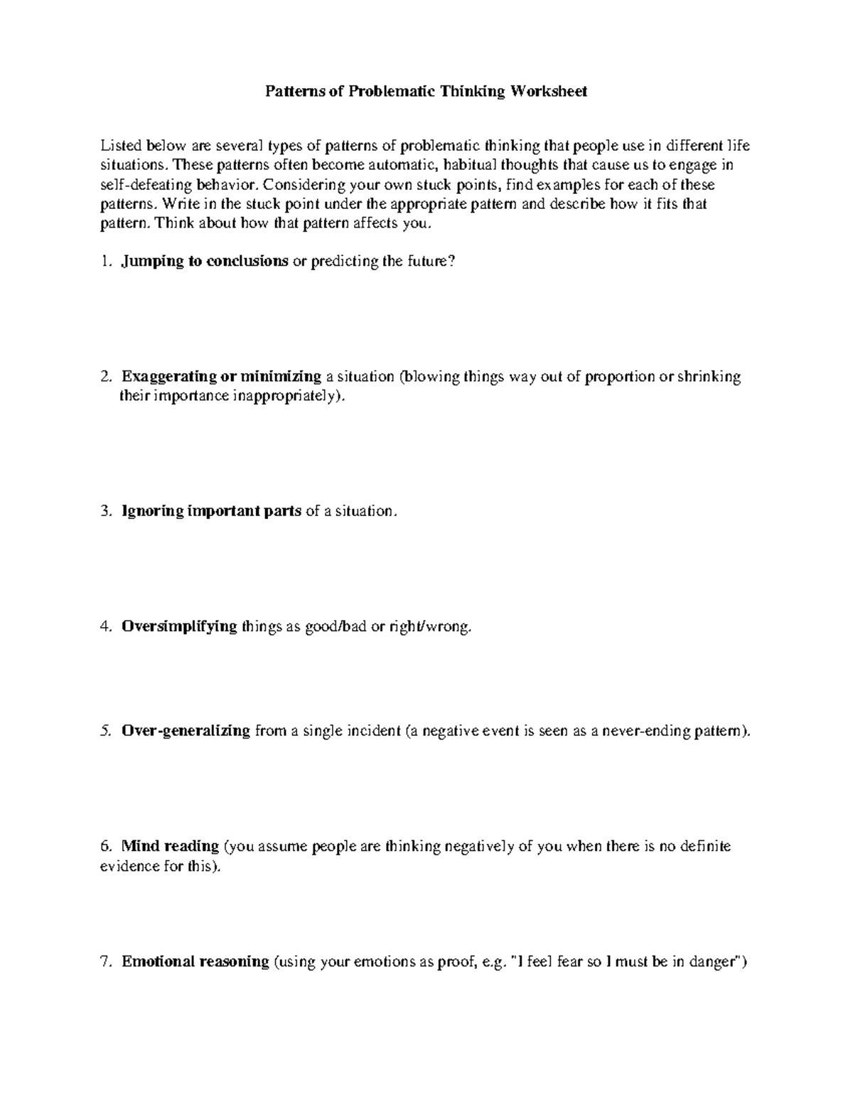 Patterns of Problematic Thinking Worksheet These patterns often