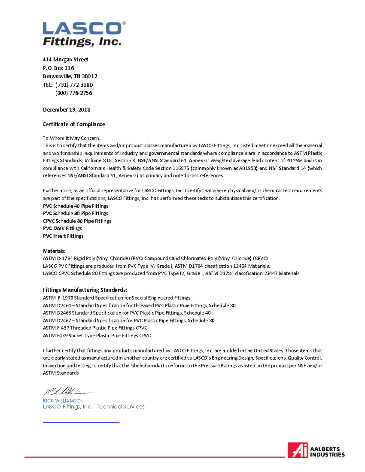 Certificado Conexiones CED40 Lasco 414 Street P. Box 116