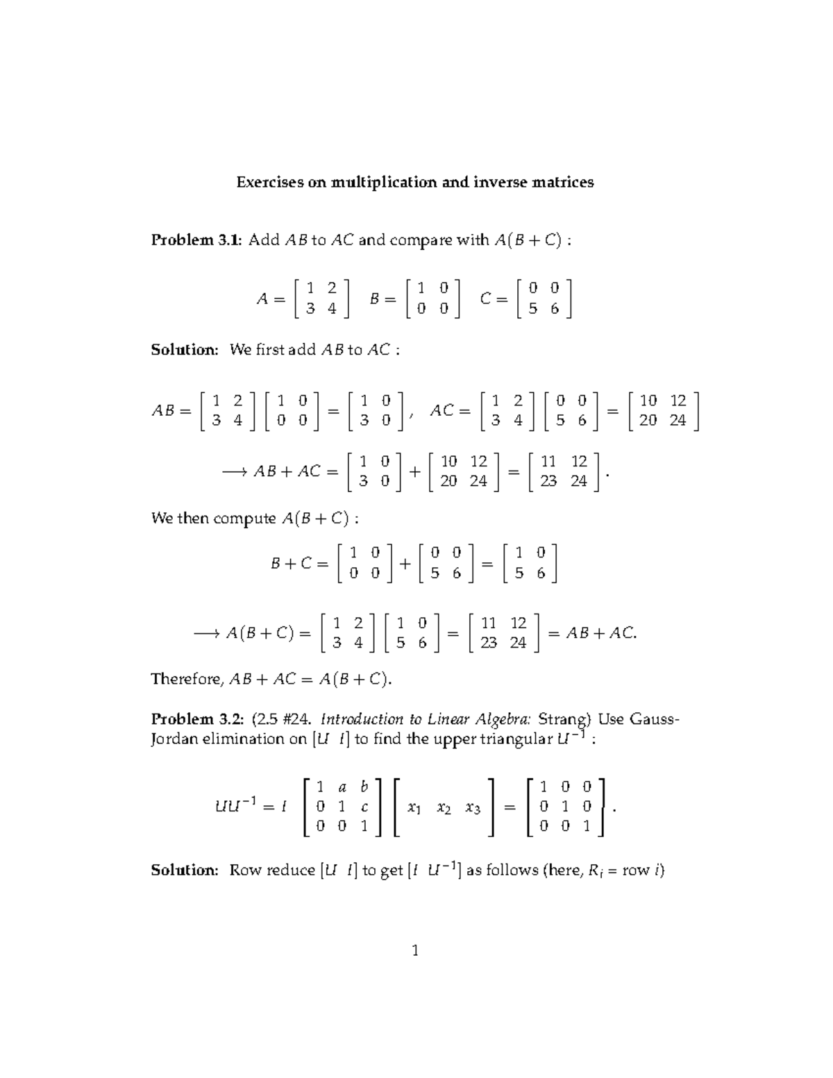 Exercises on multiplication and inverse matrices - Exercises on - Studocu