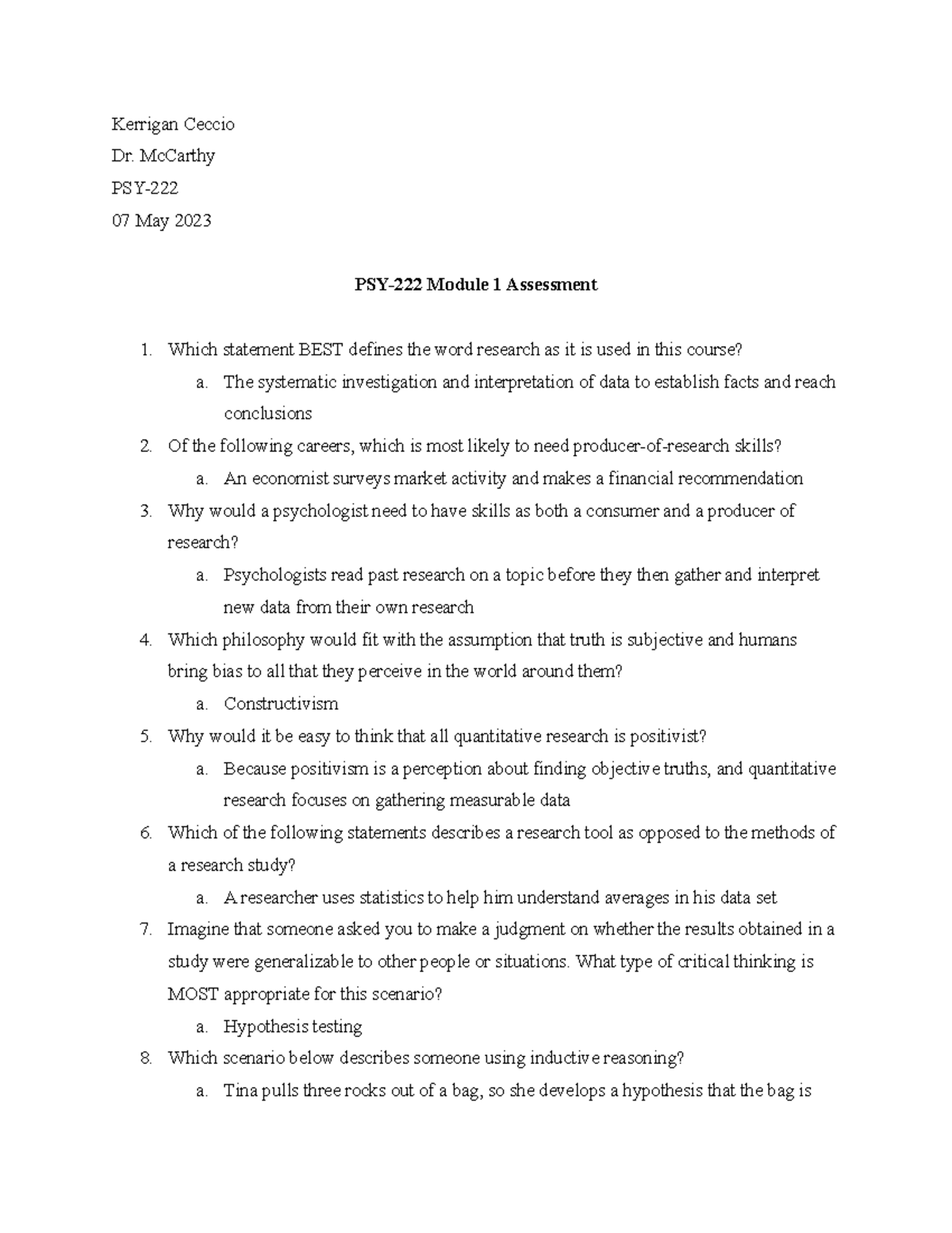 PSY-222 Module 1 Assessment - Kerrigan Ceccio Dr. McCarthy PSY- 07 May ...