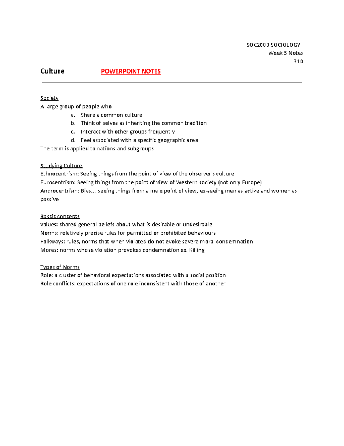 W5 Notes - SOC2000 SOCIOLOGY I Week 5 Notes 310 Culture POWERPOINT ...