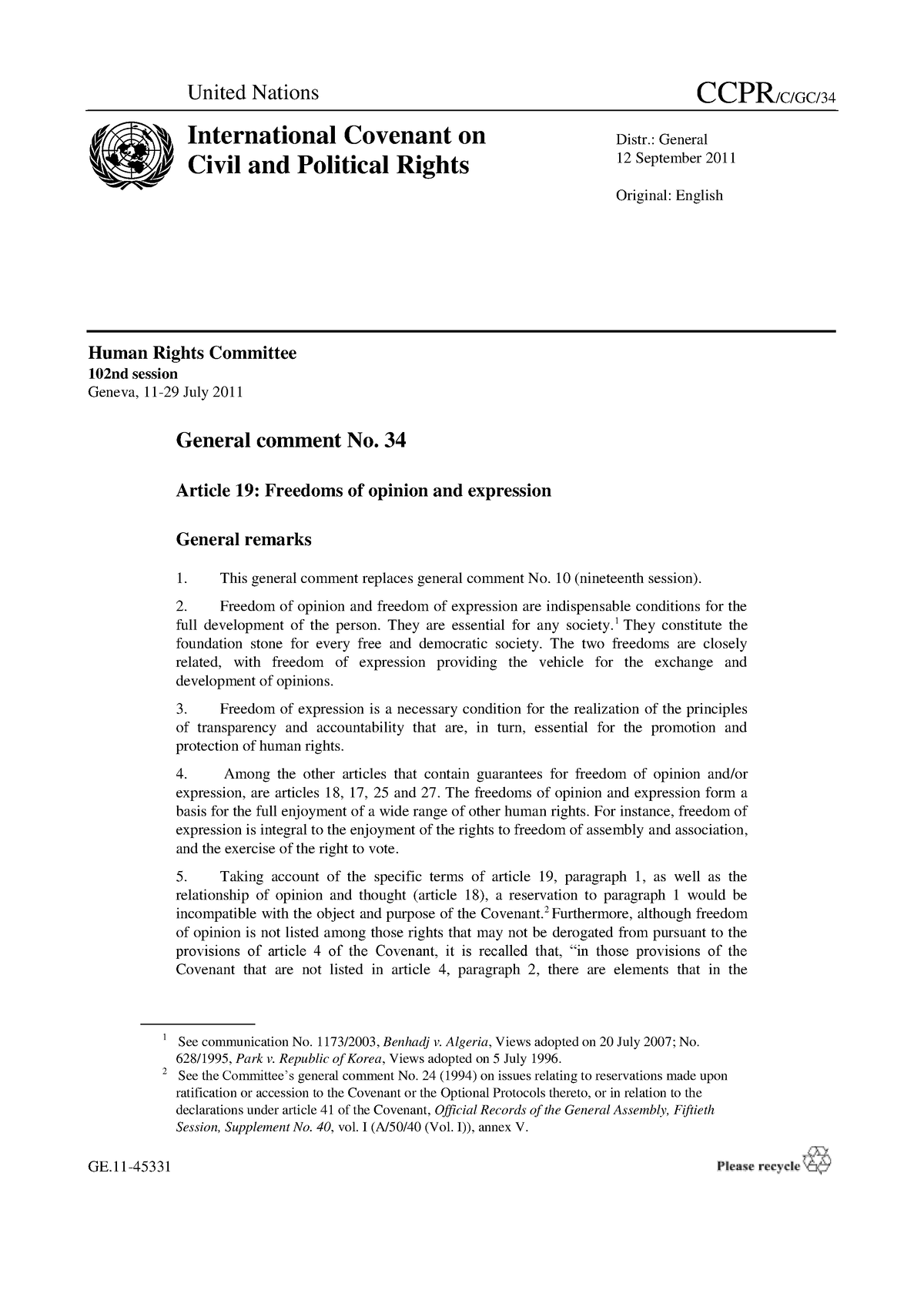 Gc34 - ICCPR general comment no 34 - GE- Human Rights Committee 102nd ...