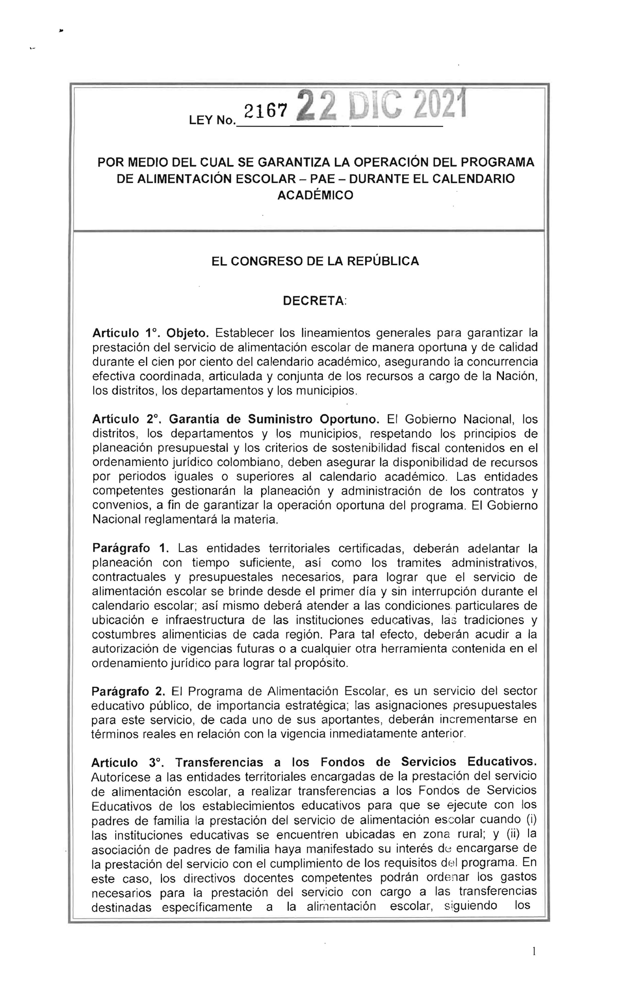 Ley 2167 Del 22 De Diciembre De 2021 Ley No 2167 Por Medio Del