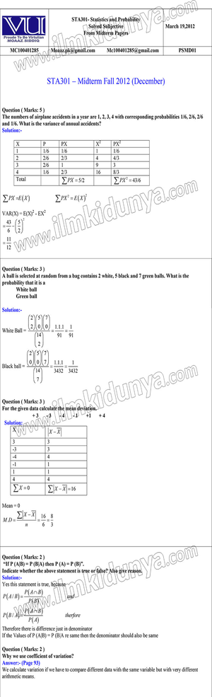 STA301-Mid Term Solved MCQs With References - STA301- Statistics And ...