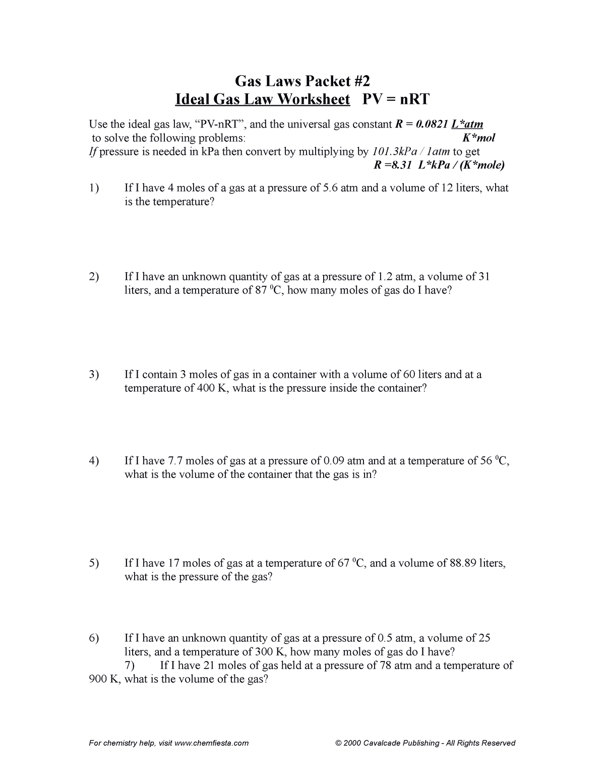 Ideal gas law Packet 2 worksheet - Bachelor of Secondary Education ...