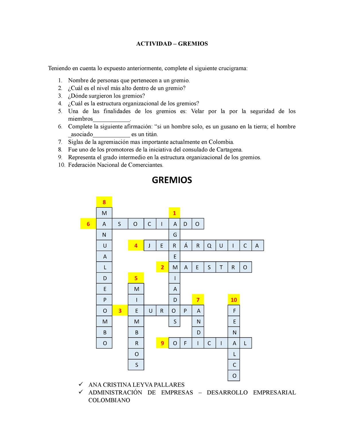 Actividad Gremios Crucigrama Actividad Gremios Teniendo En Cuenta Lo Expuesto