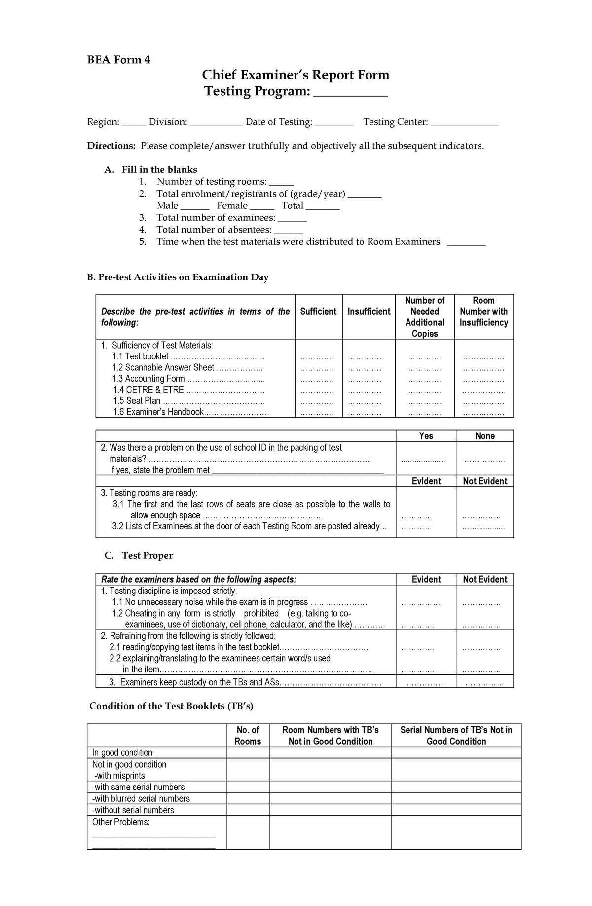 Form 4 - DFDFDFDFF - BEA Form 4 Chief Examiner’s Report Form Testing ...