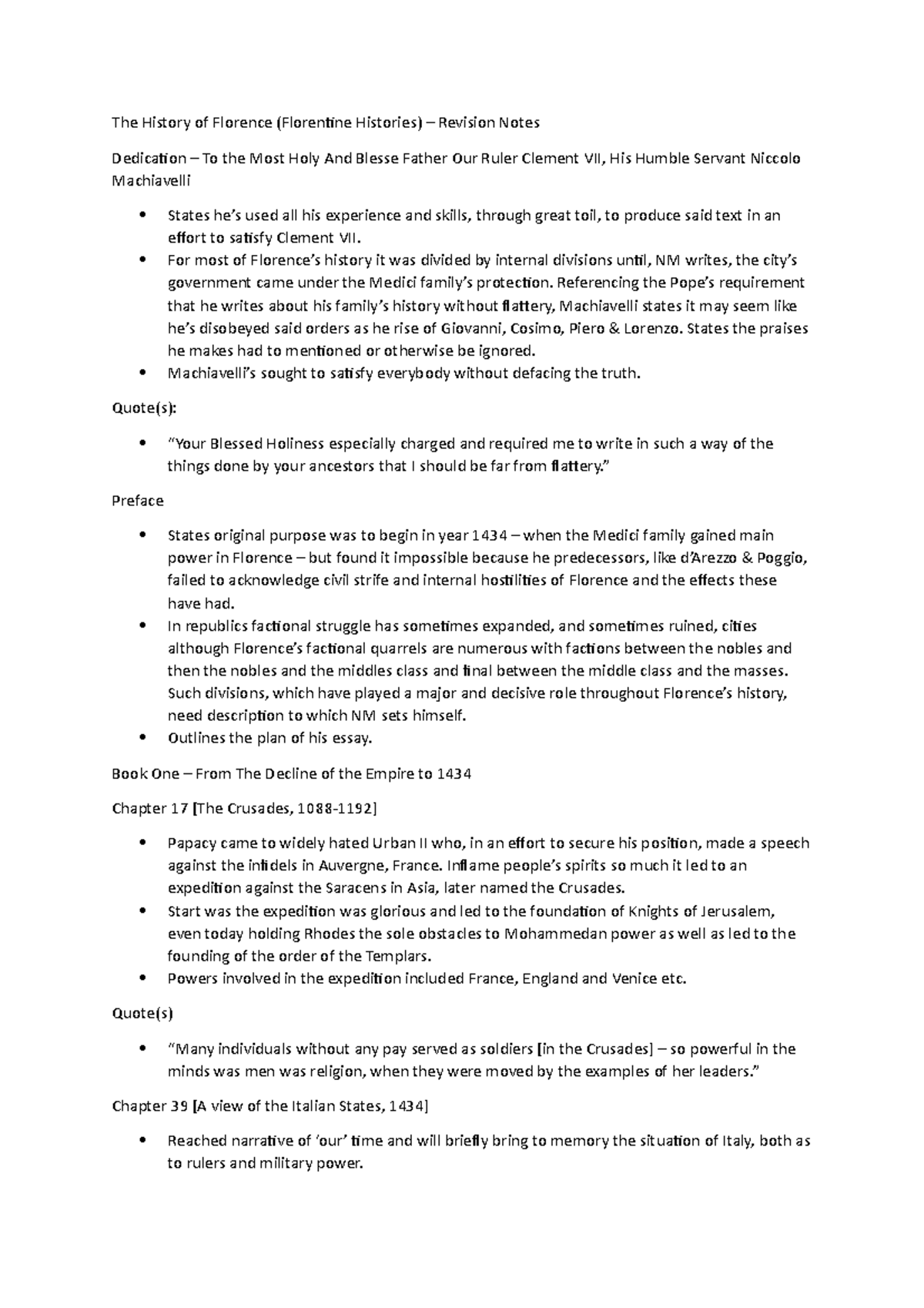 The History of Florence Revision Summary and Quotes The History of