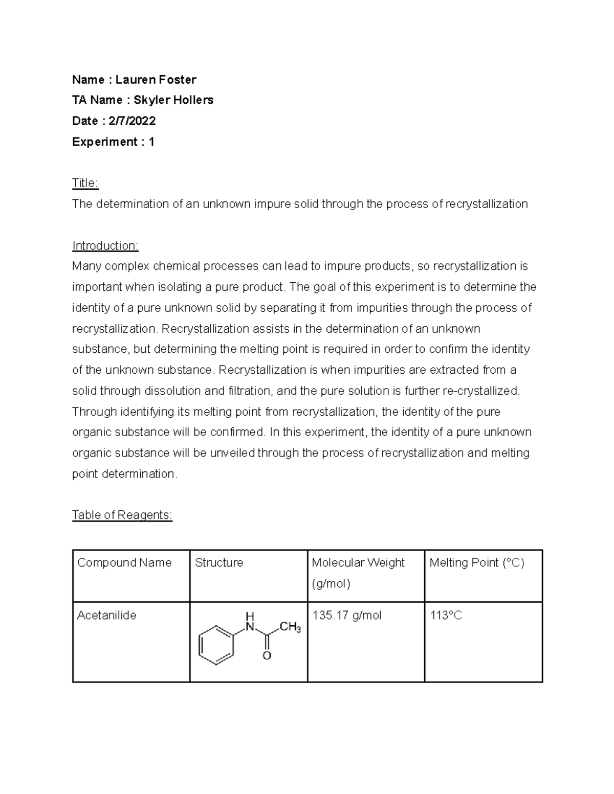 Experiment #1 - Recrystallization For Students - Name : Lauren Foster ...