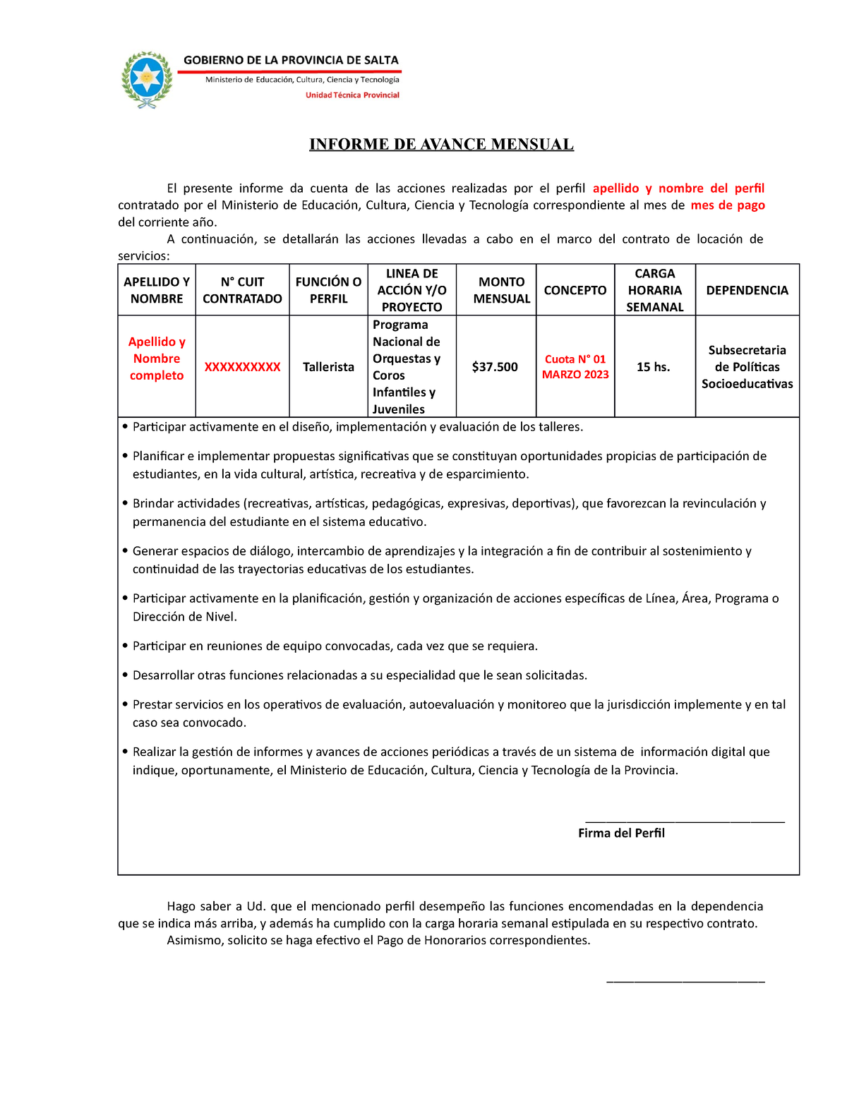 Modelo De Informe Mensual Talleristas Cyo Informe De Avance Mensual El Presente Informe Da 3074