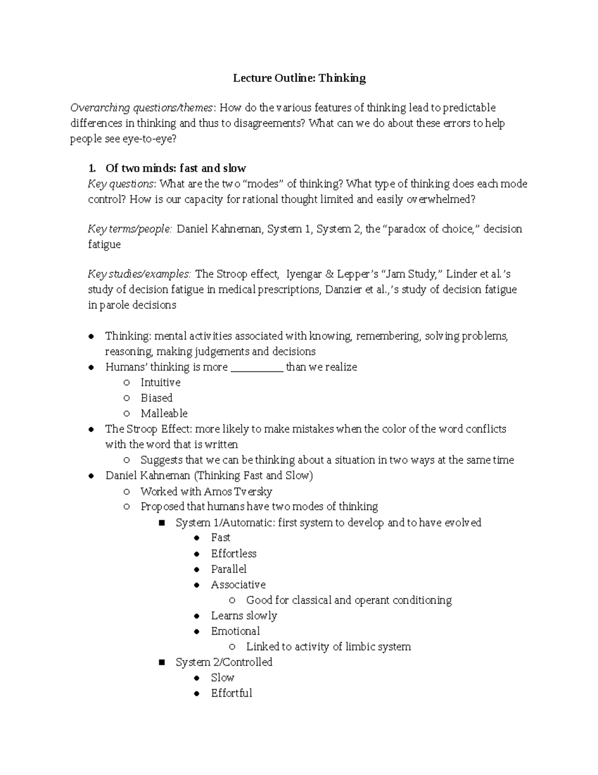 Lecture Psych Exam 2 Notes - Lecture Outline: Thinking Overarching ...