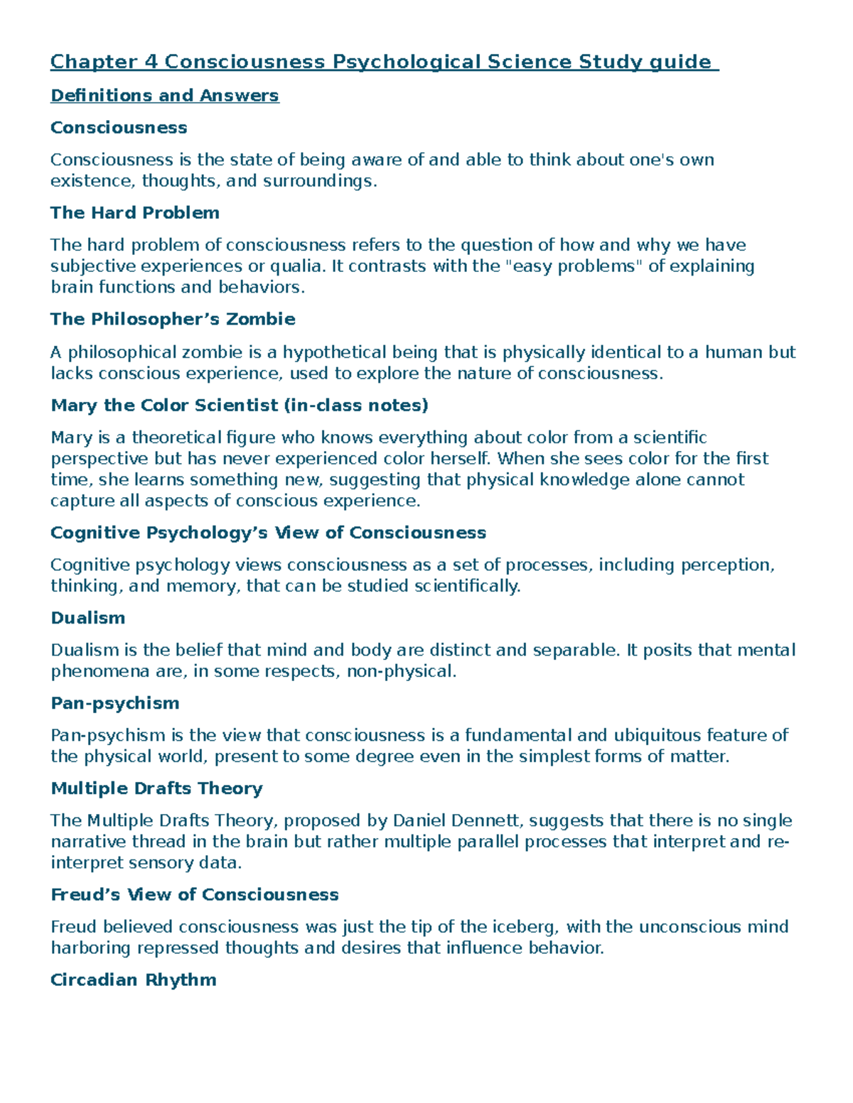 Chapter 4 Consciousness Psychological Science Study guide - The Hard ...